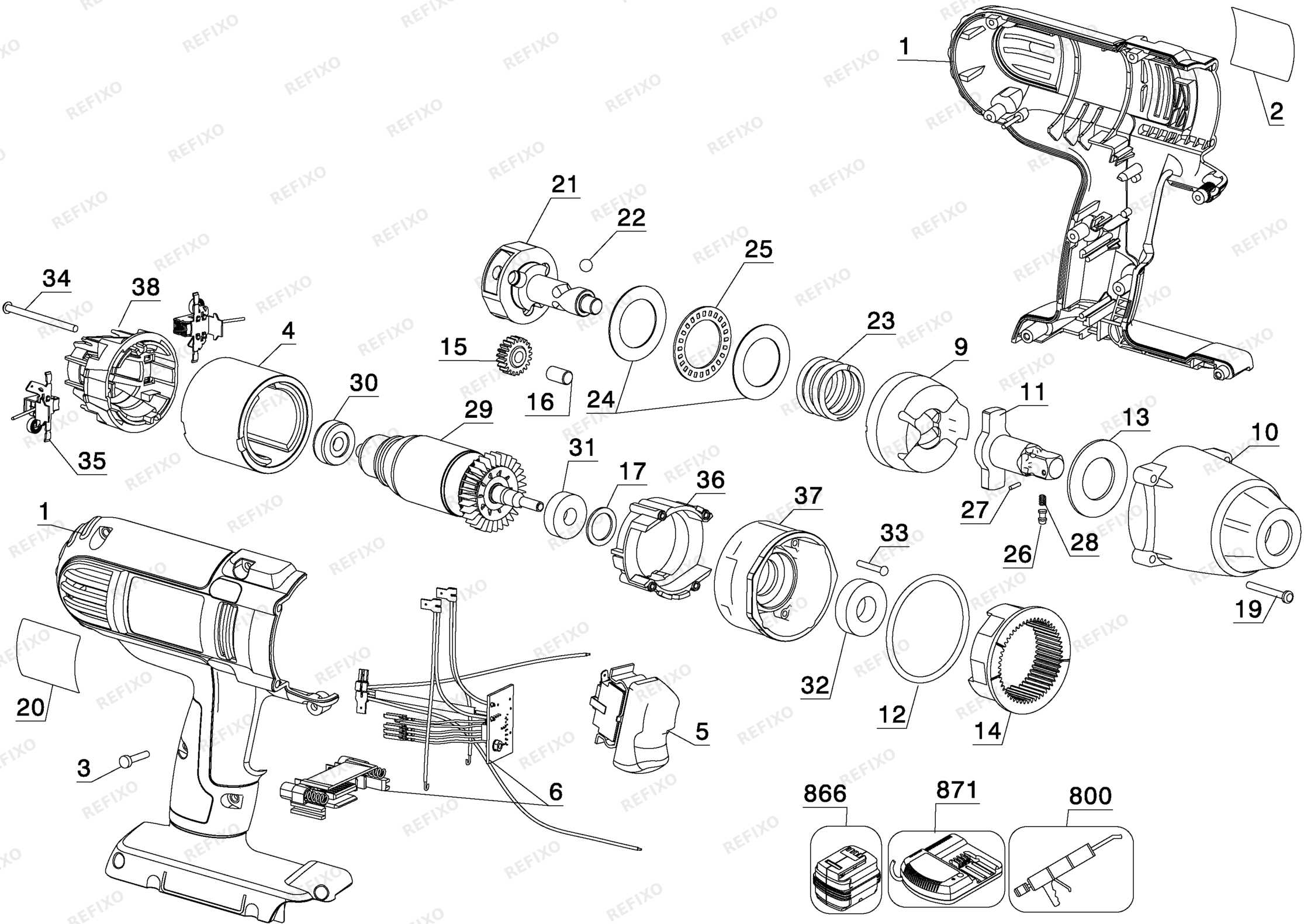 Деталировка DeWalt DC800KL-QW TYPE 1 DE-CORDLESS IMPACT WRENCH DC800KL-QW DC800KL — схема запчастей в разборе
