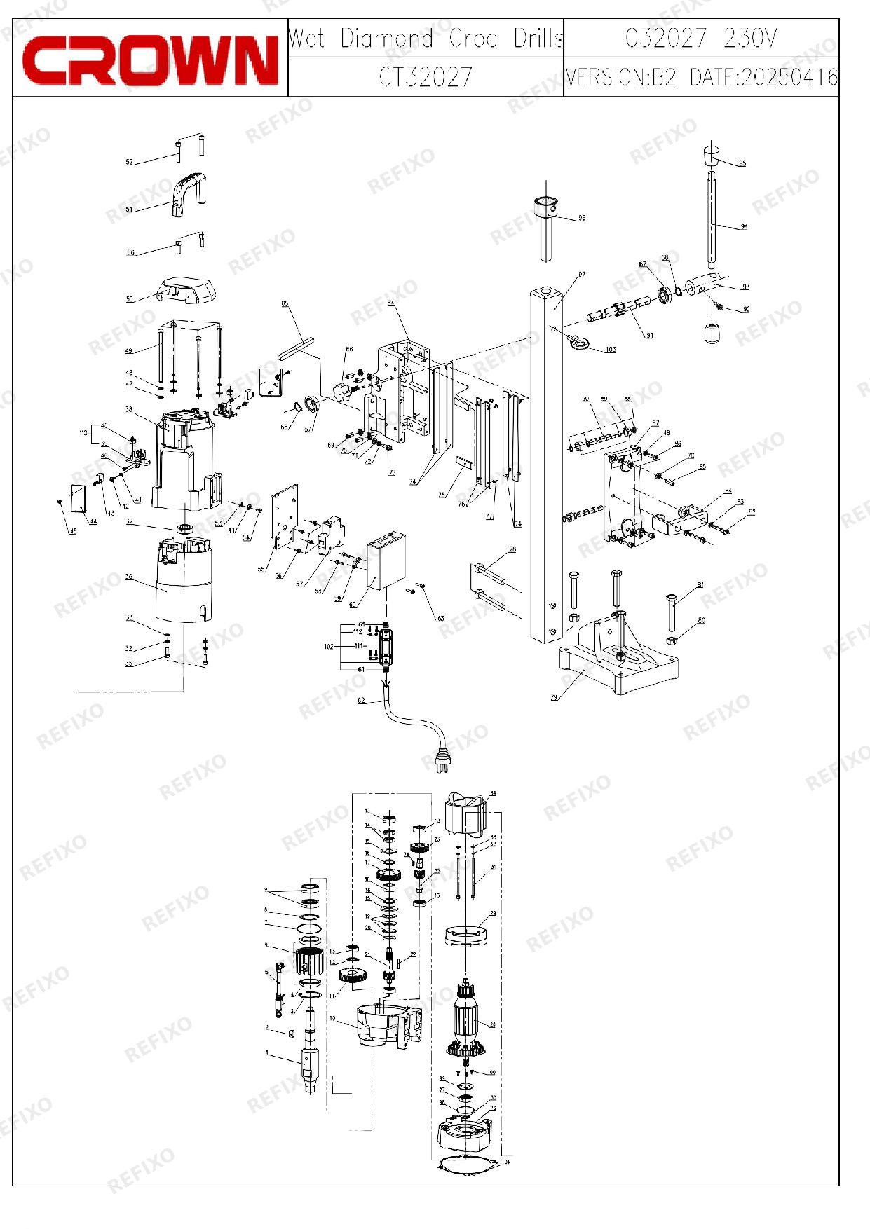 Деталировка CROWN CT32027 (начиная с 5.2025) — схема запчастей в разборе