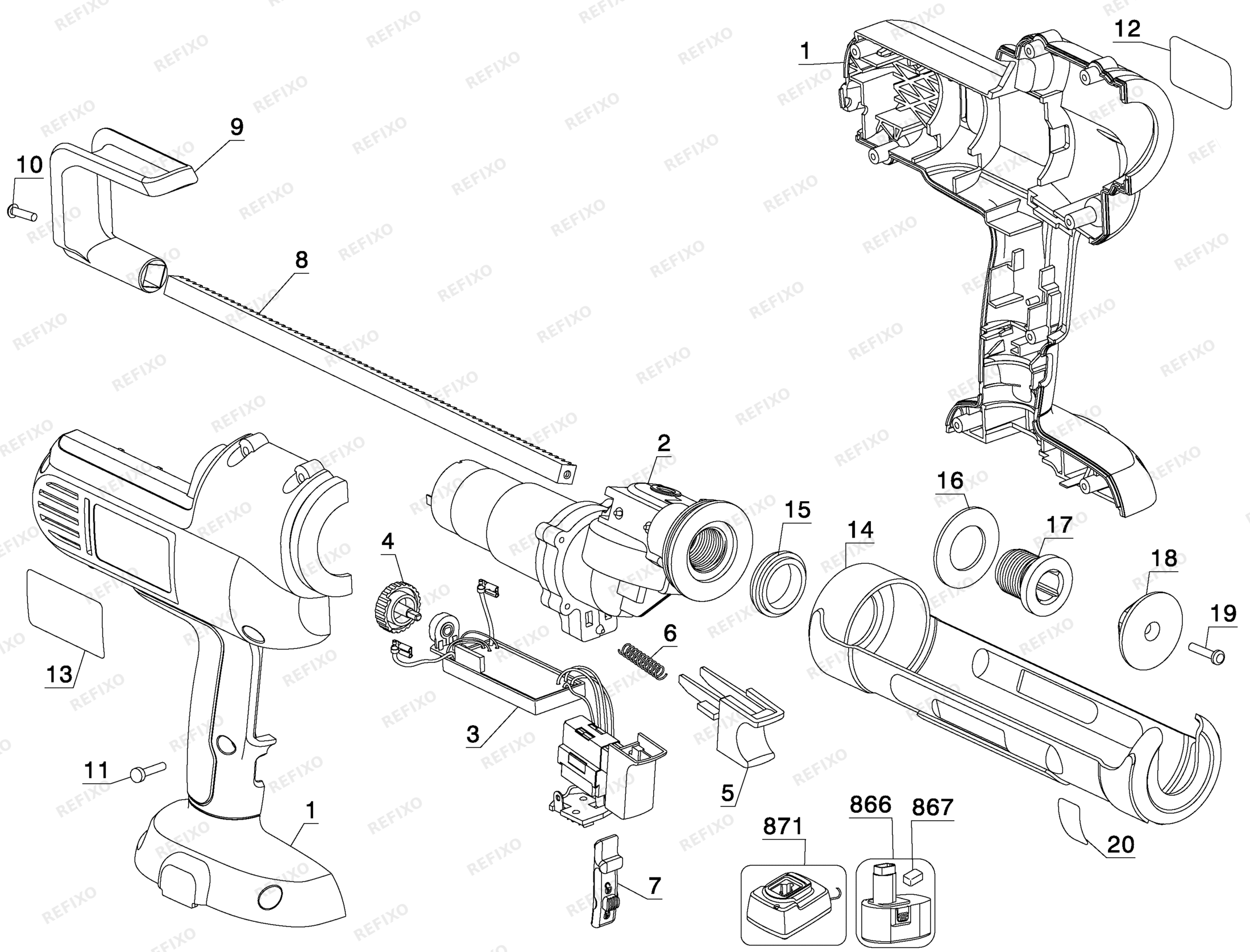 Деталировка DeWalt DC540-XJ TYPE 1 KARTUSCHENPISTOLE DC540-XJ DC540 — схема запчастей в разборе