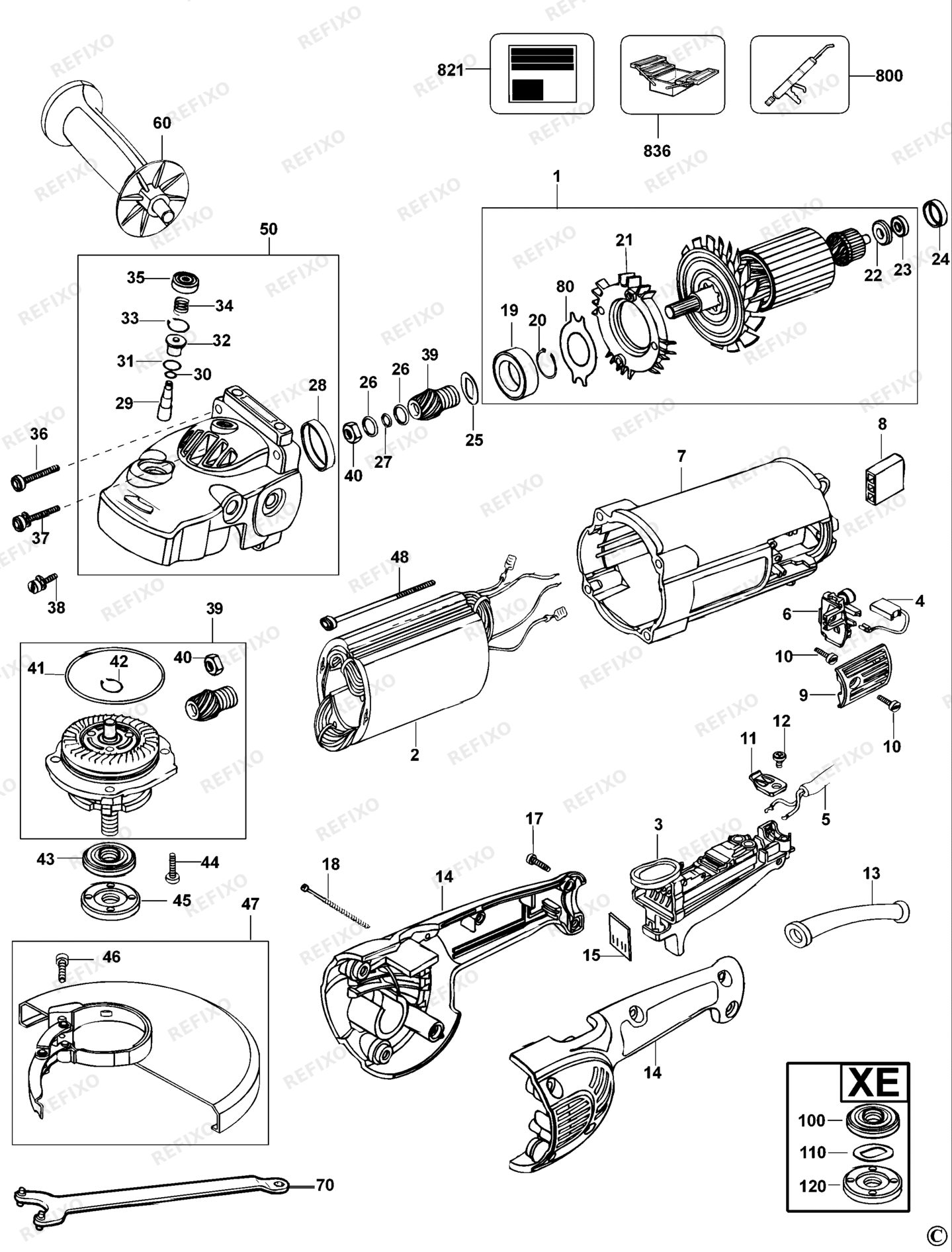 Деталировка DeWalt D28410-LX TYPE 1 угловая шлифмашина D28410-LX D28410 — схема запчастей в разборе