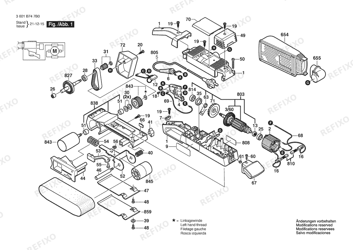 Деталировка Bosch Ленточная шлифмашина GBS 75 AE | 230 V | 011 - KR (3 601 B74 7B0) — схема запчастей в разборе