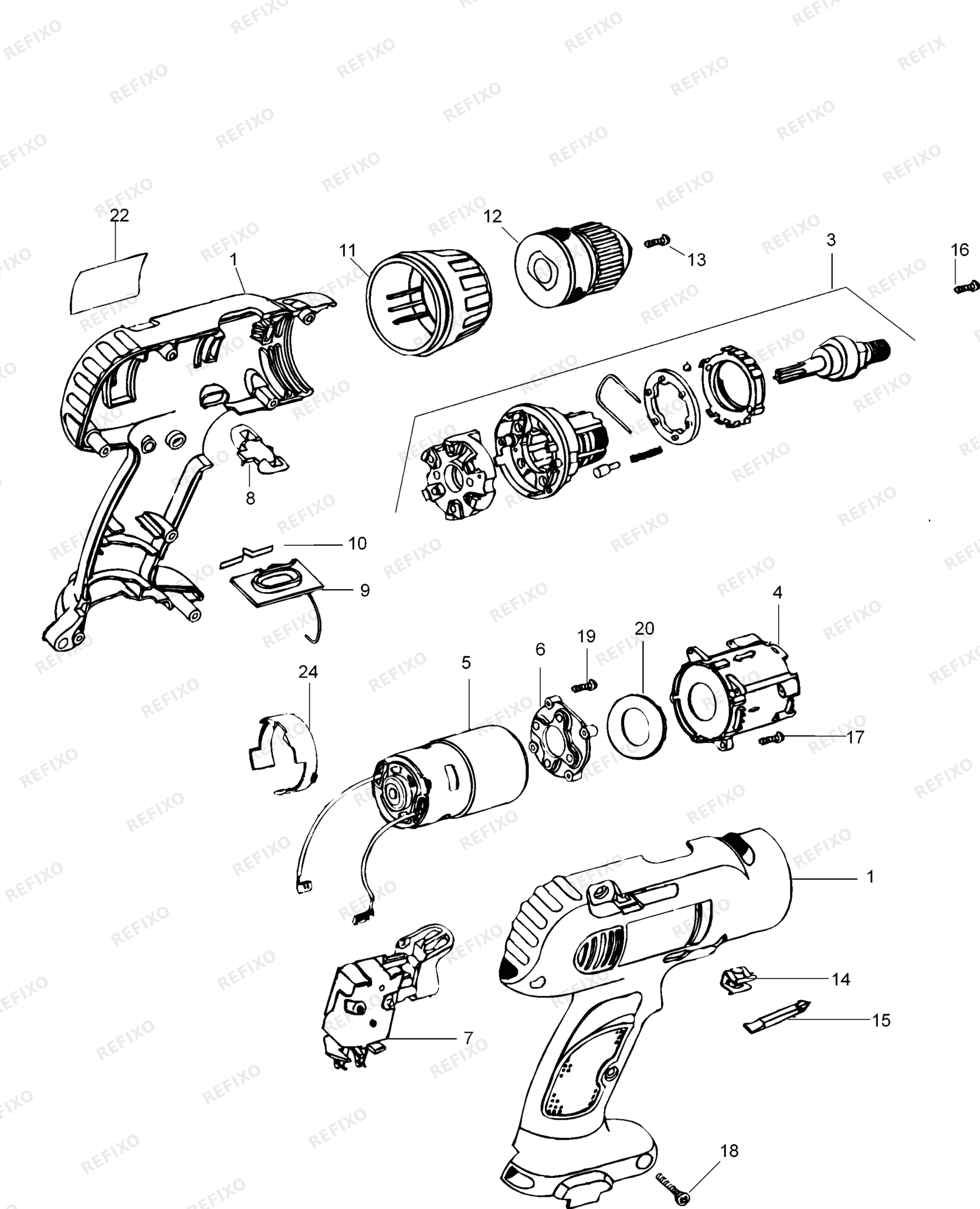 Деталировка DeWalt DW952K-XJ TYPE 1 аккумуляторный - дрель DW952K-XJ DW952K — схема запчастей в разборе