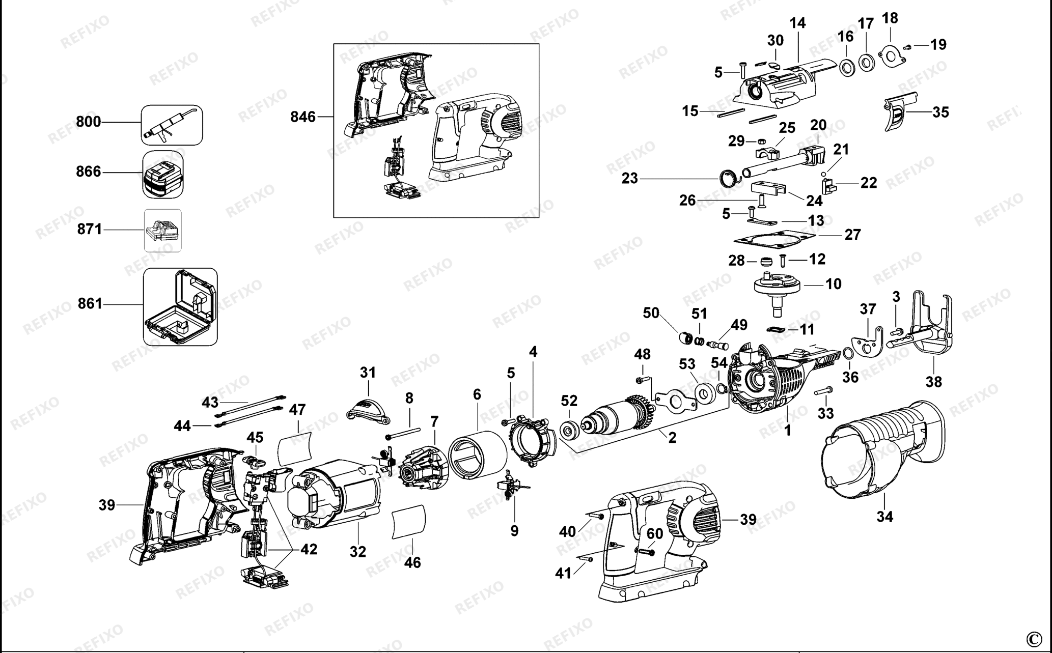 Деталировка DeWalt DC305K-QW TYPE 1 CORDLESS RECIPROCATING SAW DC305K-QW DC305K — схема запчастей в разборе