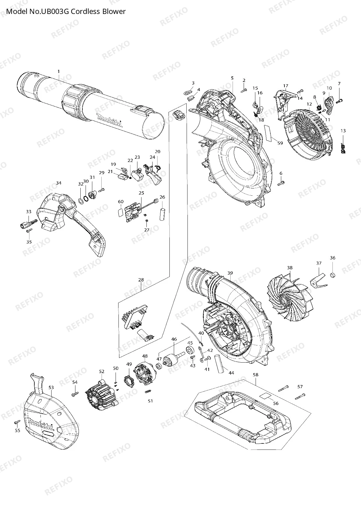 Деталировка MAKITA UB003G — схема запчастей в разборе