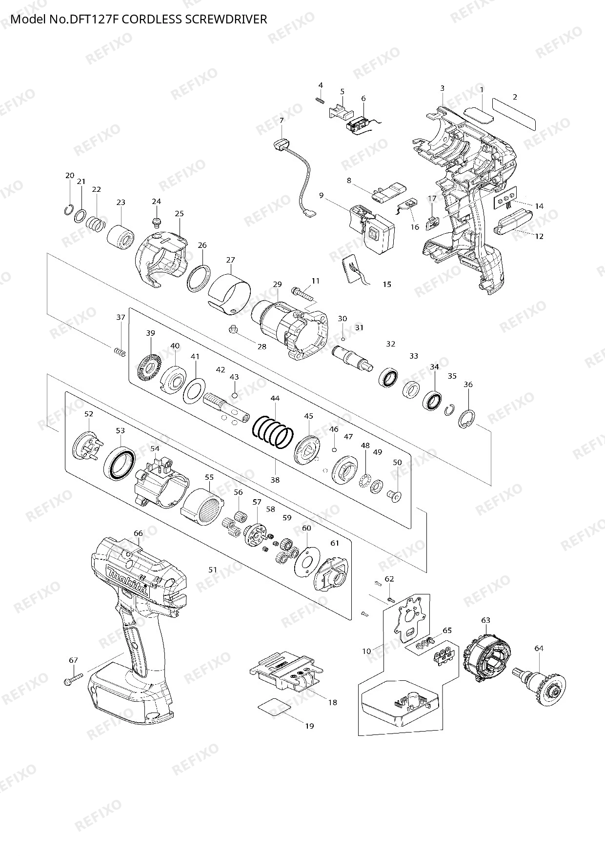 Деталировка MAKITA DFT127F — схема запчастей в разборе