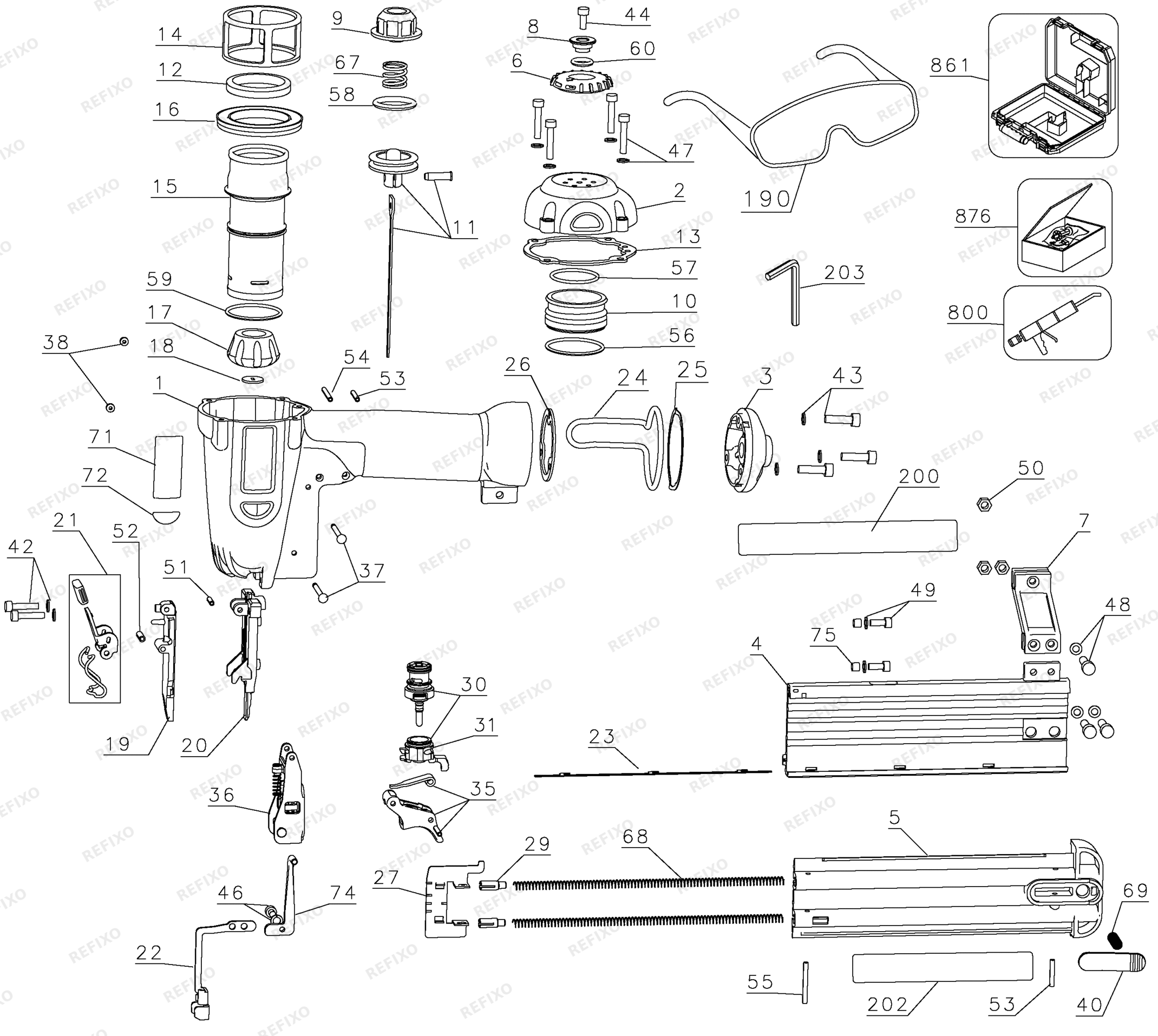 Деталировка DeWalt D51238K-XJ TYPE 2 50 mm Stauchkopf - Nagler D51238K-XJ D51238K — схема запчастей в разборе