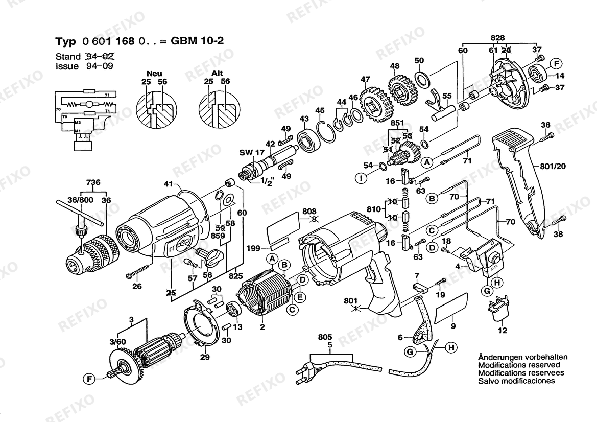 Деталировка Bosch Дрель GBM 10-2 | 230 V | 001 - EU (0 601 168 003) — схема запчастей в разборе