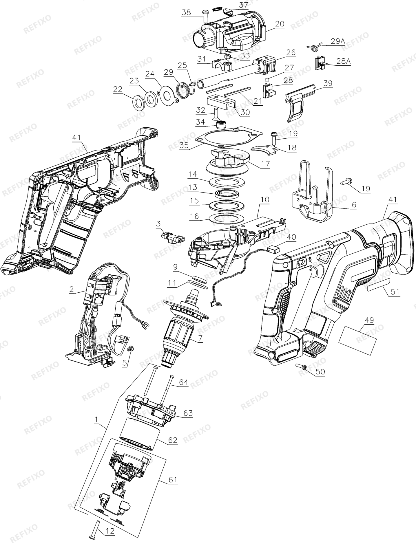 Деталировка DeWalt DCS387N-XJ TYPE 1 CORDLESS RECIPROCATING SAW DCS387N-XJ DCS387N — схема запчастей в разборе