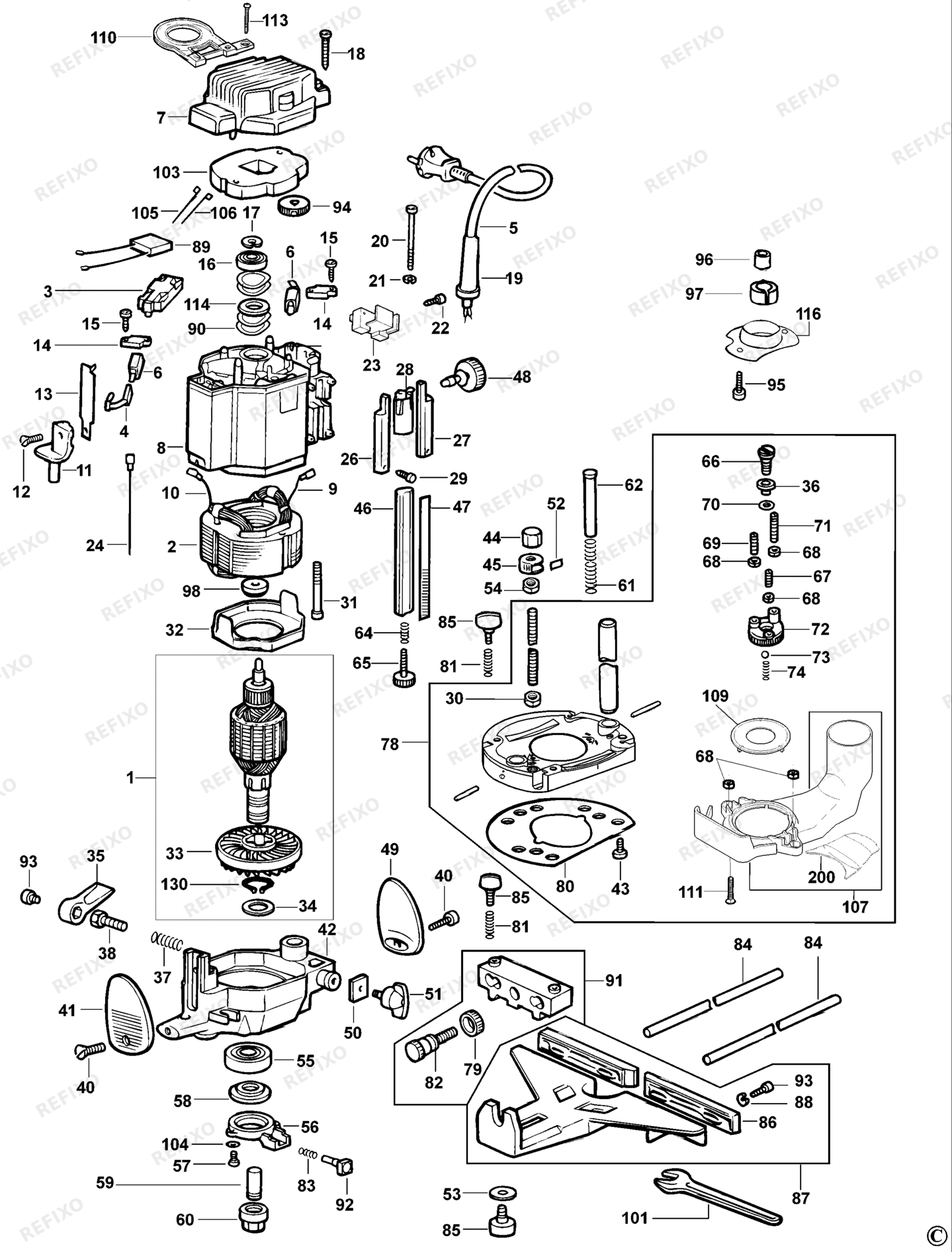 Деталировка DeWalt DW625E-LX TYPE 5 HOHLFRÄSER DW625E-LX DW625E — схема запчастей в разборе