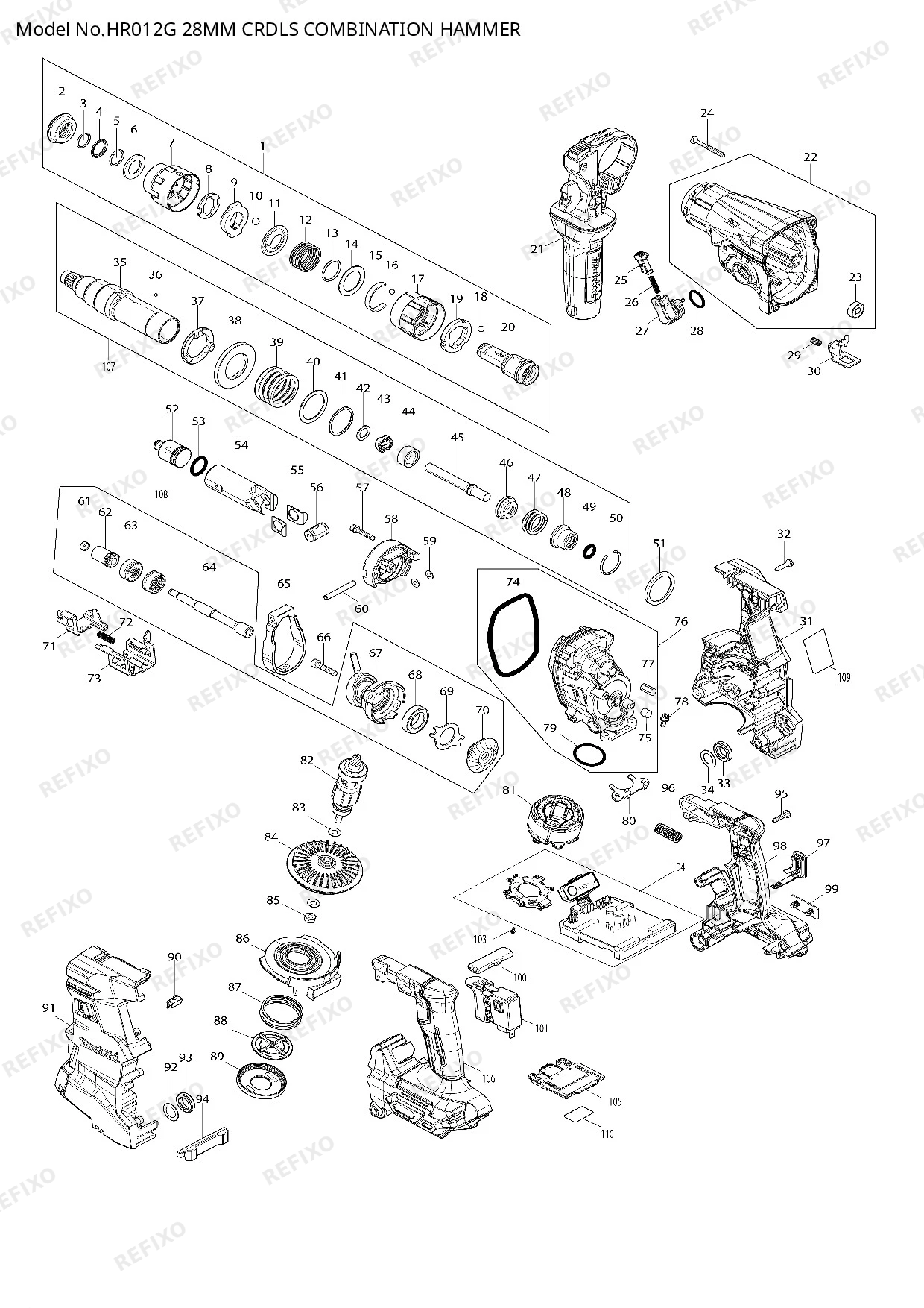 Деталировка MAKITA HR012G — схема запчастей в разборе