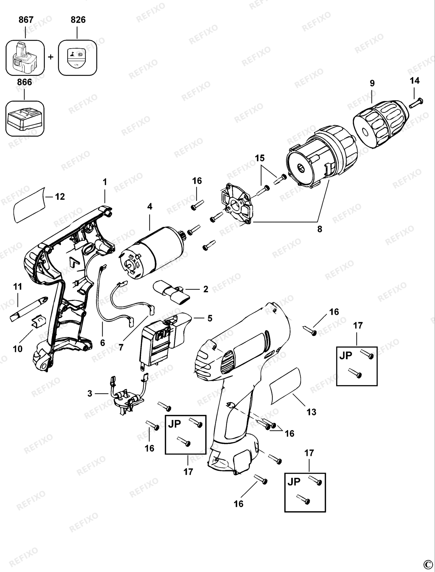 Деталировка DeWalt DW925K-QW TYPE 1 аккумуляторный - дрель DW925K-QW DW925K — схема запчастей в разборе