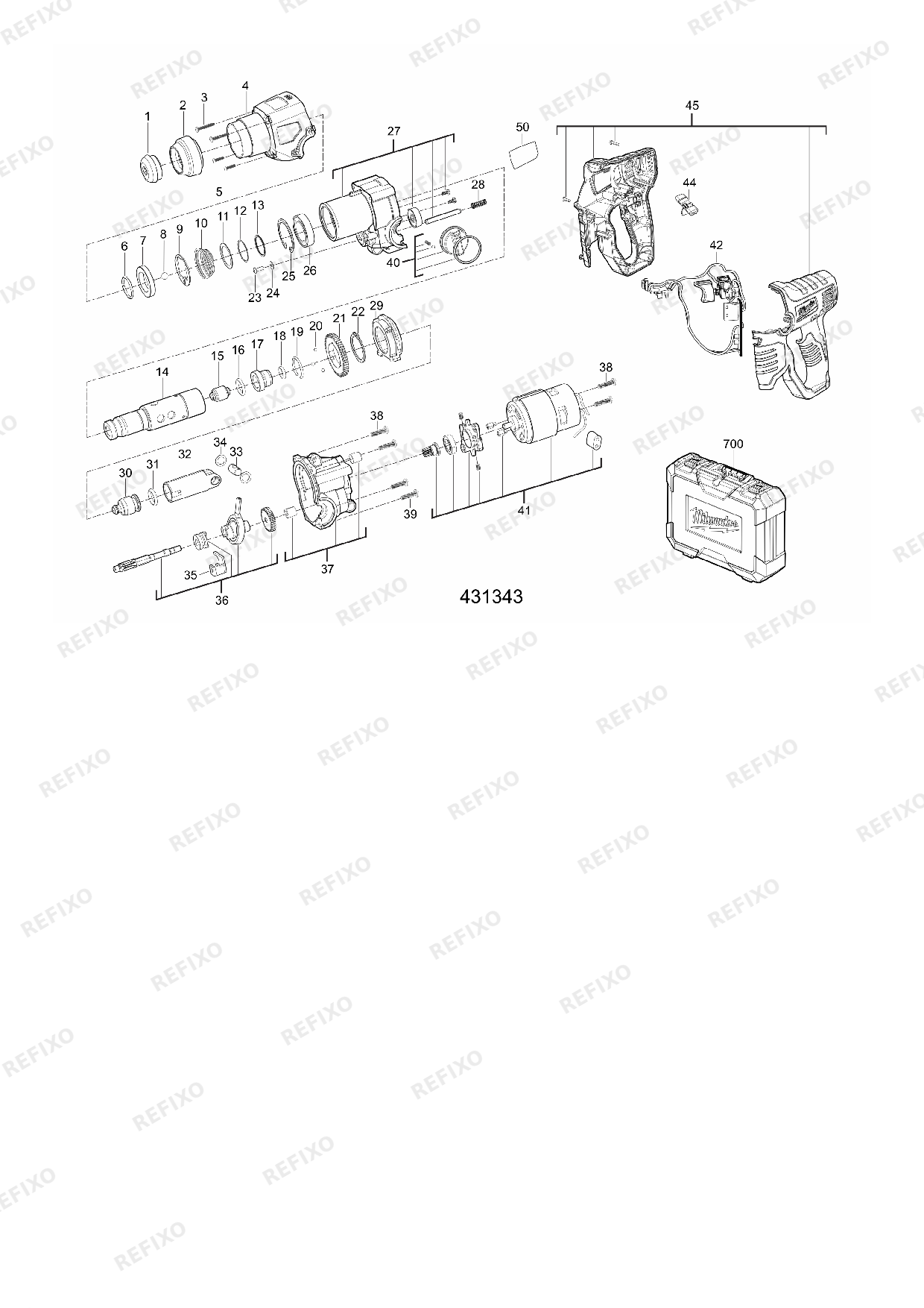Деталировка MILWAUKEE M12H 402C 4933441164 4000431341 — схема запчастей в разборе
