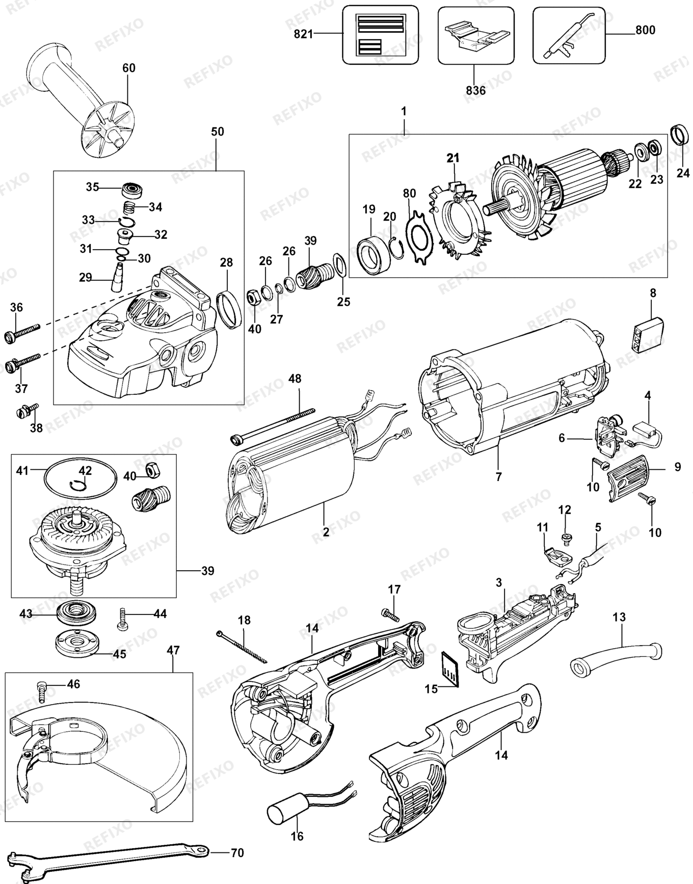 Деталировка DeWalt D28414-LX TYPE 1 угловая шлифмашина D28414-LX D28414 — схема запчастей в разборе