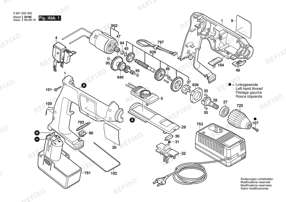 Деталировка Bosch Gw- аккумуляторный - дрель GBM 9,6 VSP-3 | 9.6 V | 061 - US (0 601 933 334) — схема запчастей в разборе