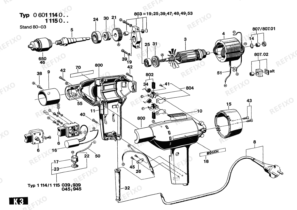 Деталировка Bosch Дрель Drill | 220 V | 036 - GB (0 601 115 942) — схема запчастей в разборе