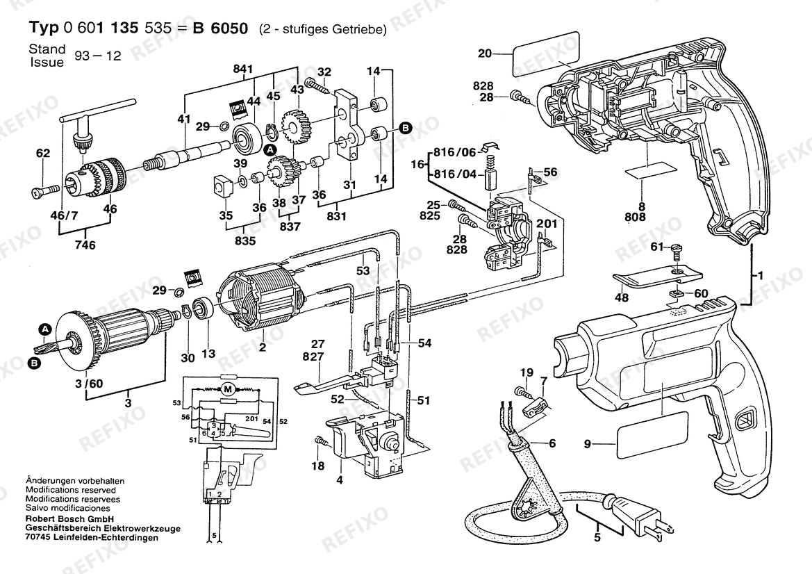 Деталировка Bosch Дрель B6050 | 120 V | 061 - US (0 601 135 535) — схема запчастей в разборе