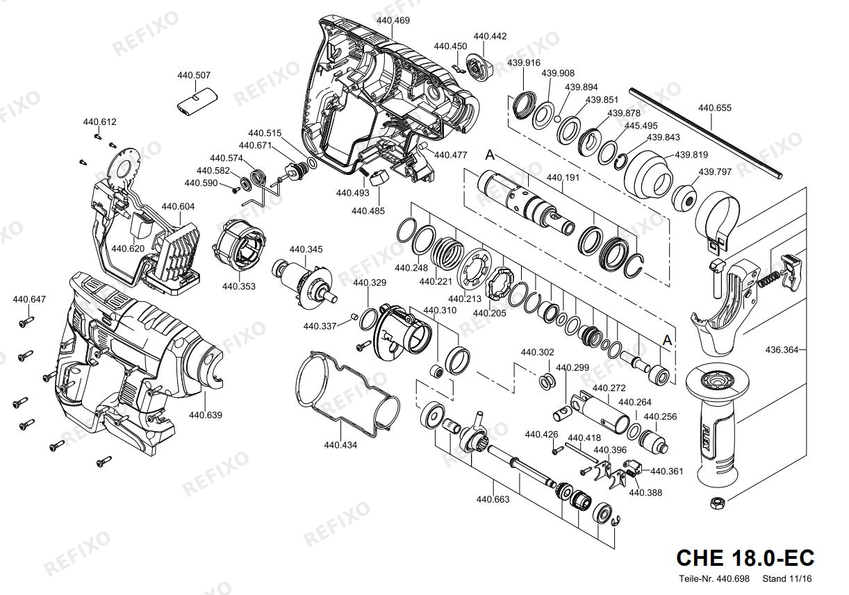 Деталировка Flex CHE 18.0-EC — схема запчастей в разборе