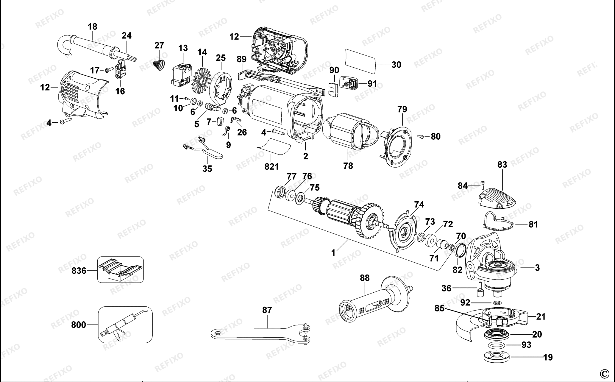 Деталировка DeWalt D28130-QS TYPE 3 SMALL ANGLE GRINDER D28130-QS D28130 — схема запчастей в разборе