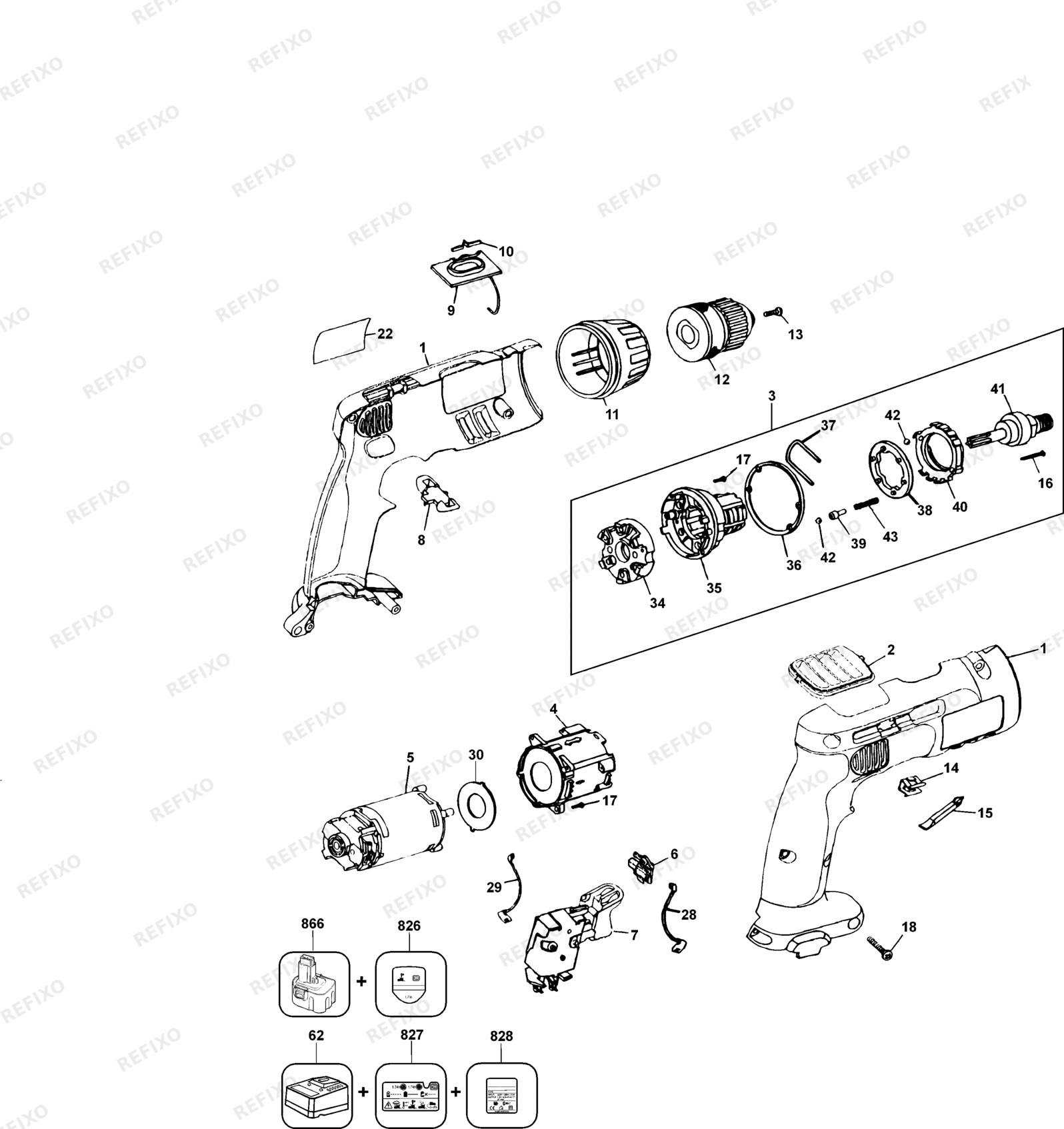 Деталировка DeWalt DW961-QW TYPE 3 аккумуляторный - дрель DW961-QW DW961 — схема запчастей в разборе