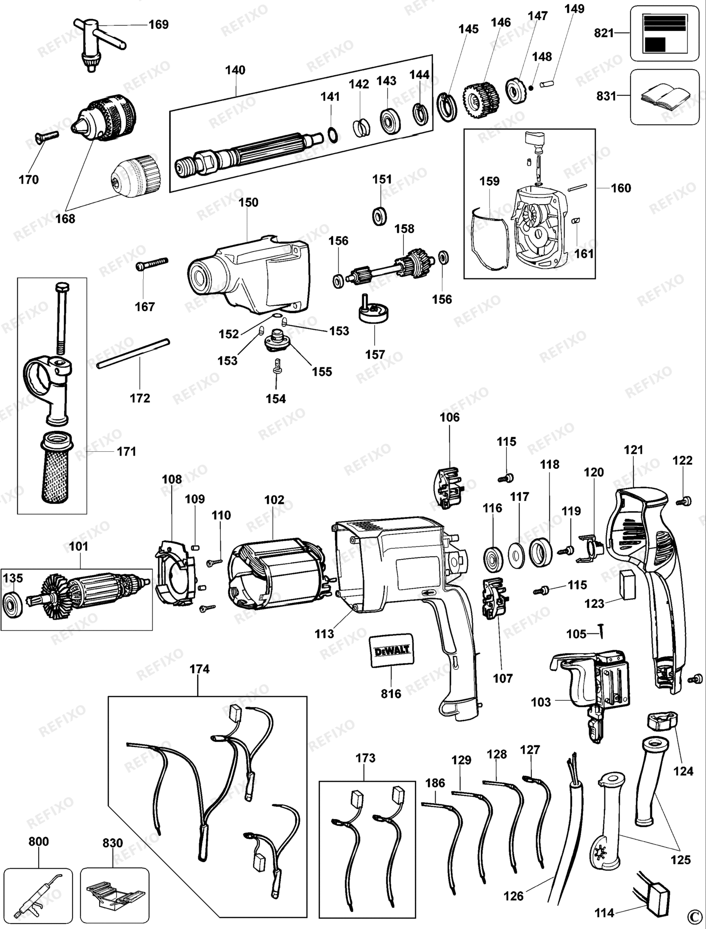 Деталировка DeWalt DW515K-QS TYPE 3 перфоратор DW515K-QS DW515K — схема запчастей в разборе