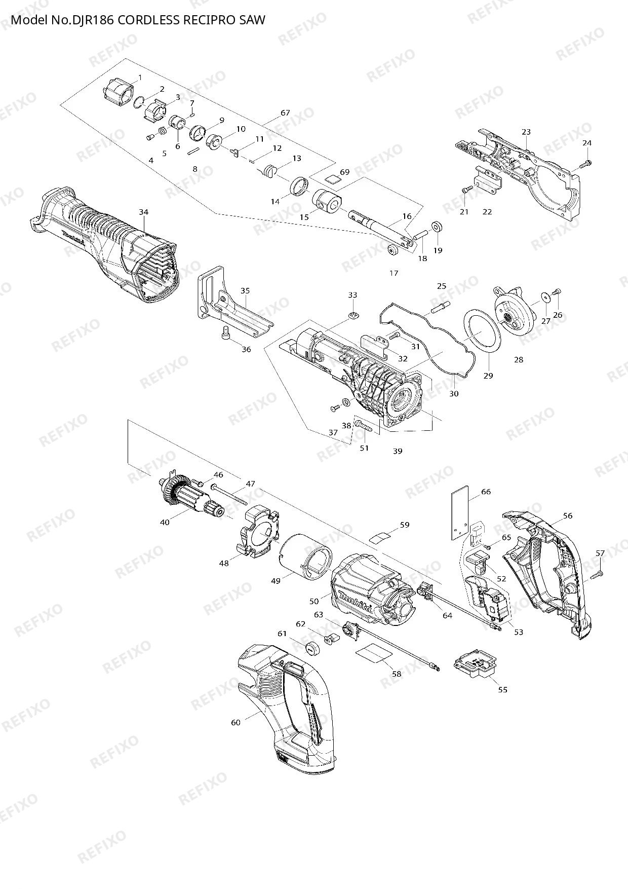 Деталировка MAKITA DJR186 — схема запчастей в разборе