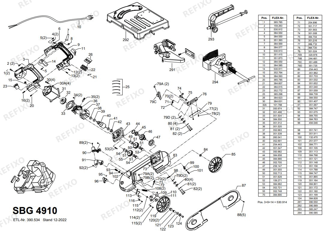 Деталировка Flex SBG 4910 230CEE — схема запчастей в разборе