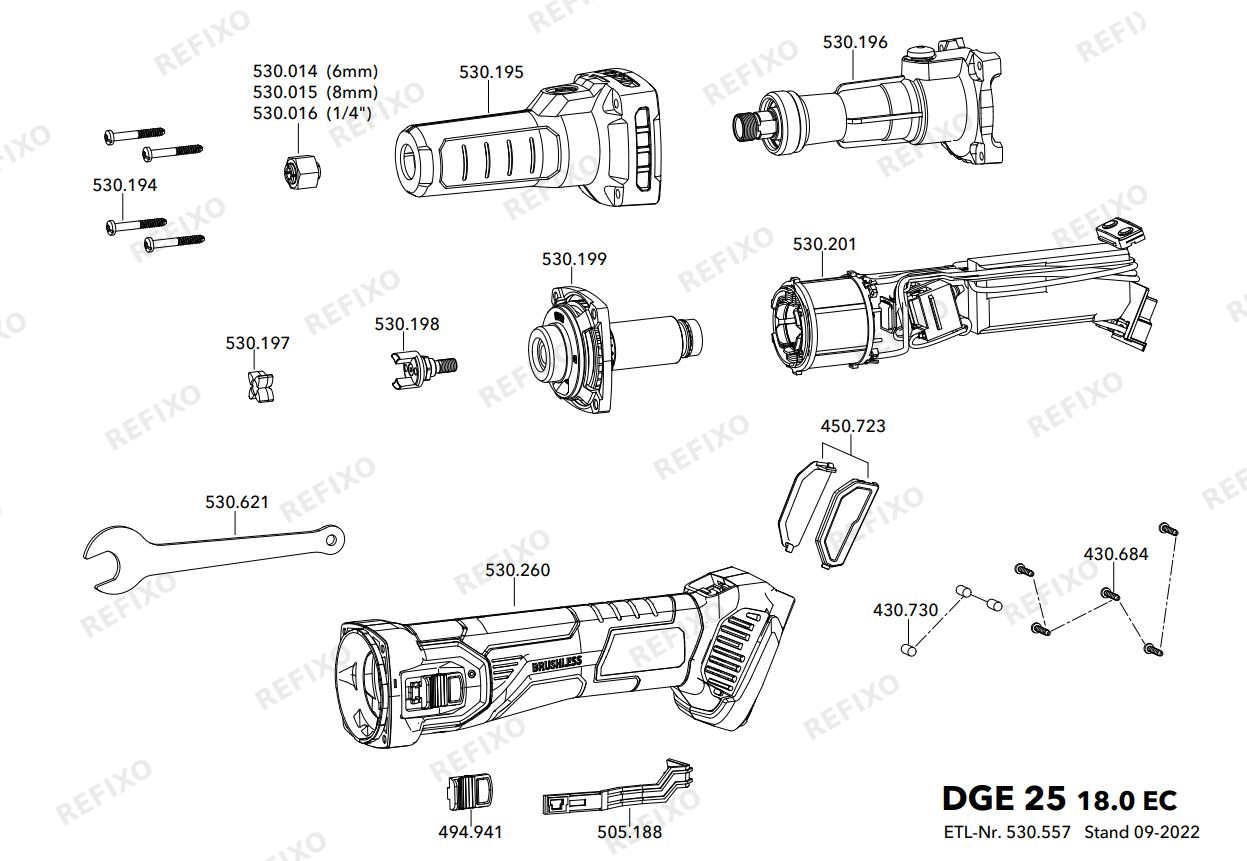 Деталировка Flex DGE 25 18.0-EC C — схема запчастей в разборе
