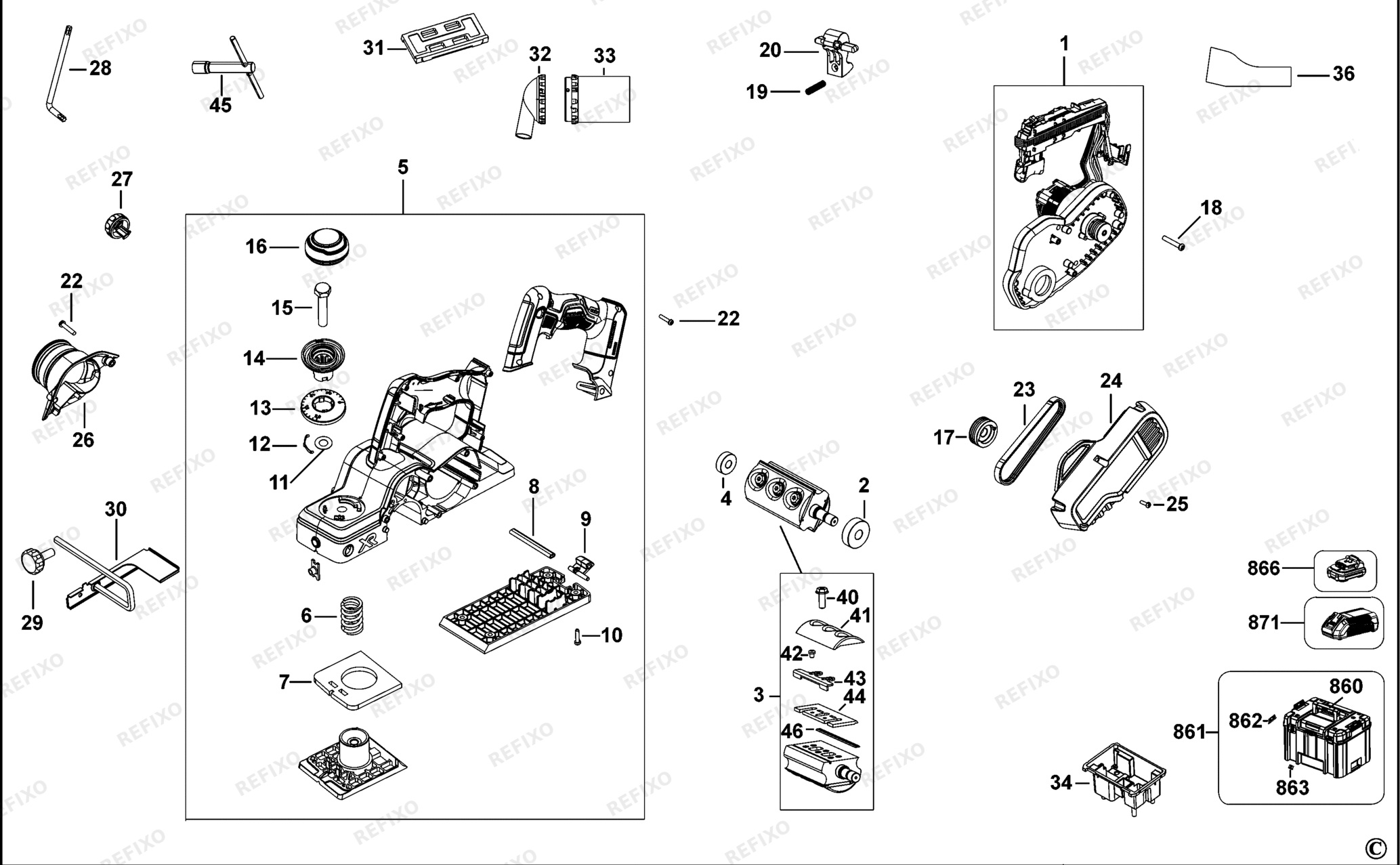 Деталировка DeWalt DCP580-XJ TYPE 1 рубанок DCP580-XJ DCP580 — схема запчастей в разборе