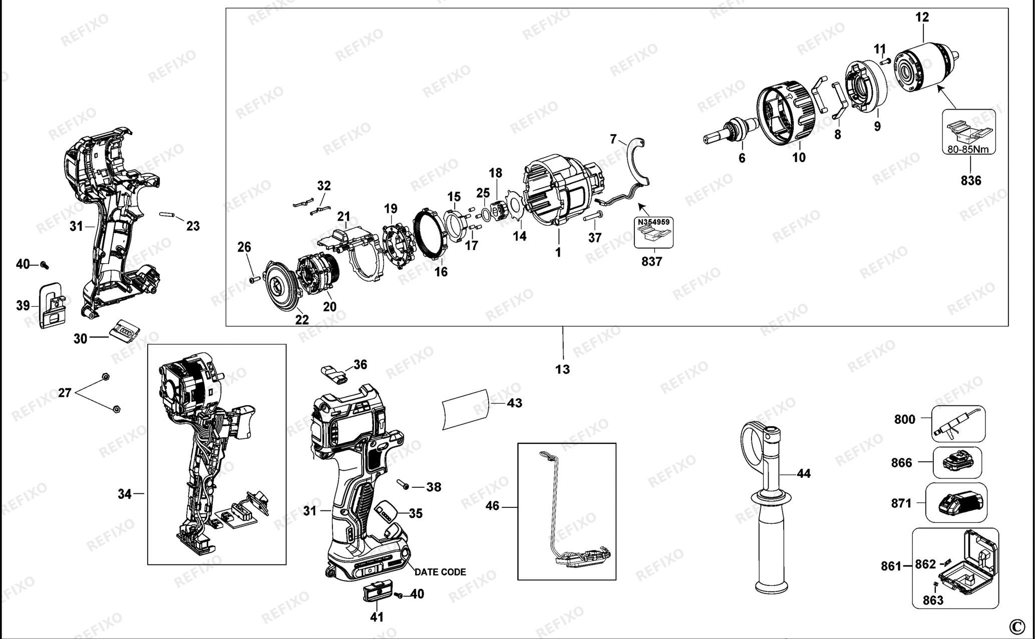 Деталировка DeWalt DCD992-QW TYPE 1 аккумуляторный - дрель 18V LI-ION DCD992-QW DCD992 — схема запчастей в разборе