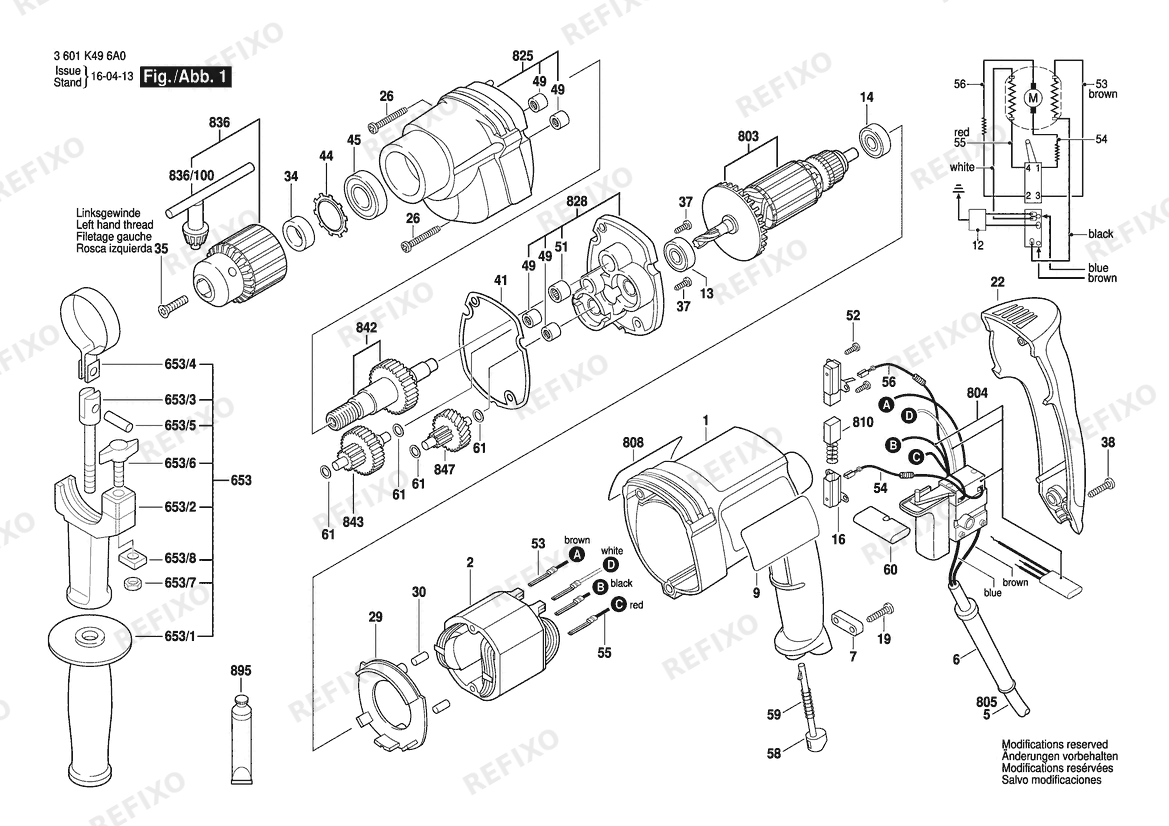 Деталировка Bosch Дрель GBM 13 HRE | 230 V | 001 - EU (3 601 K49 6A0) — схема запчастей в разборе