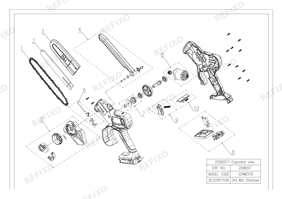 Деталировка Greenworks 2008207-G24MCS10-Exploded wiew — схема запчастей в разборе