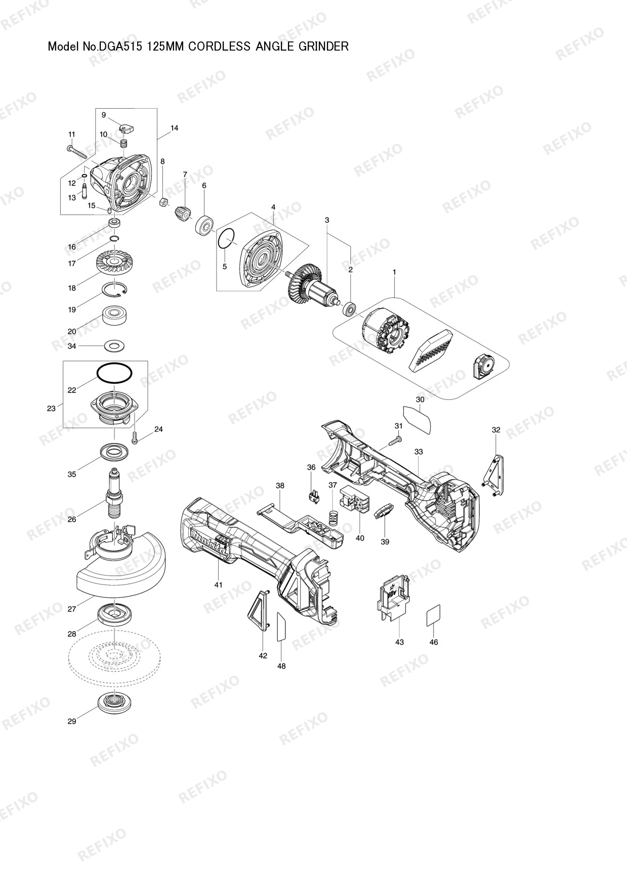 Деталировка MAKITA DGA515 — схема запчастей в разборе