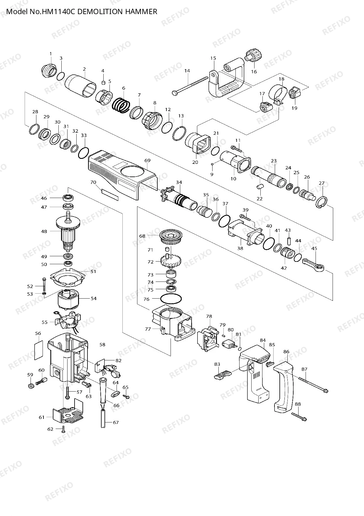 Деталировка MAKITA HM1140C — схема запчастей в разборе