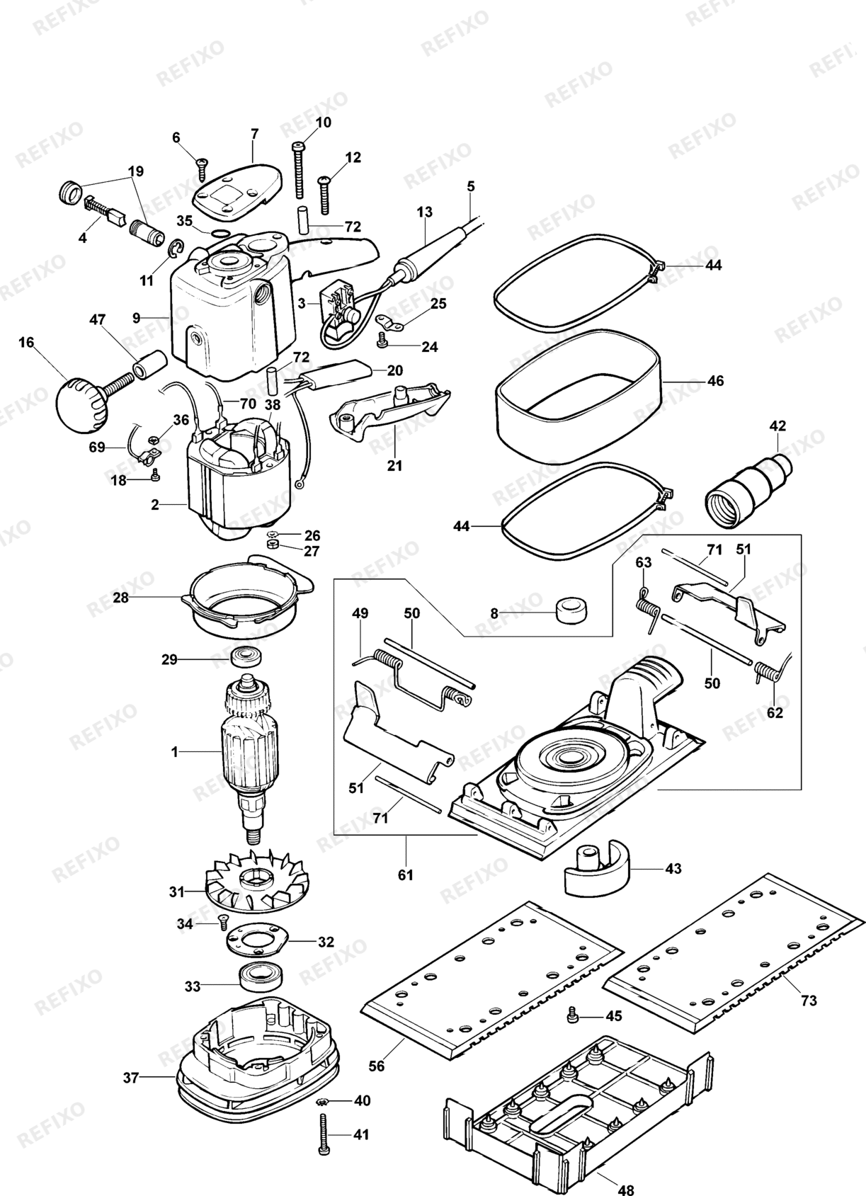 Деталировка DeWalt DW636-DE TYPE 1 эксцентриковая шлифмашина DW636-DE DW636 — схема запчастей в разборе