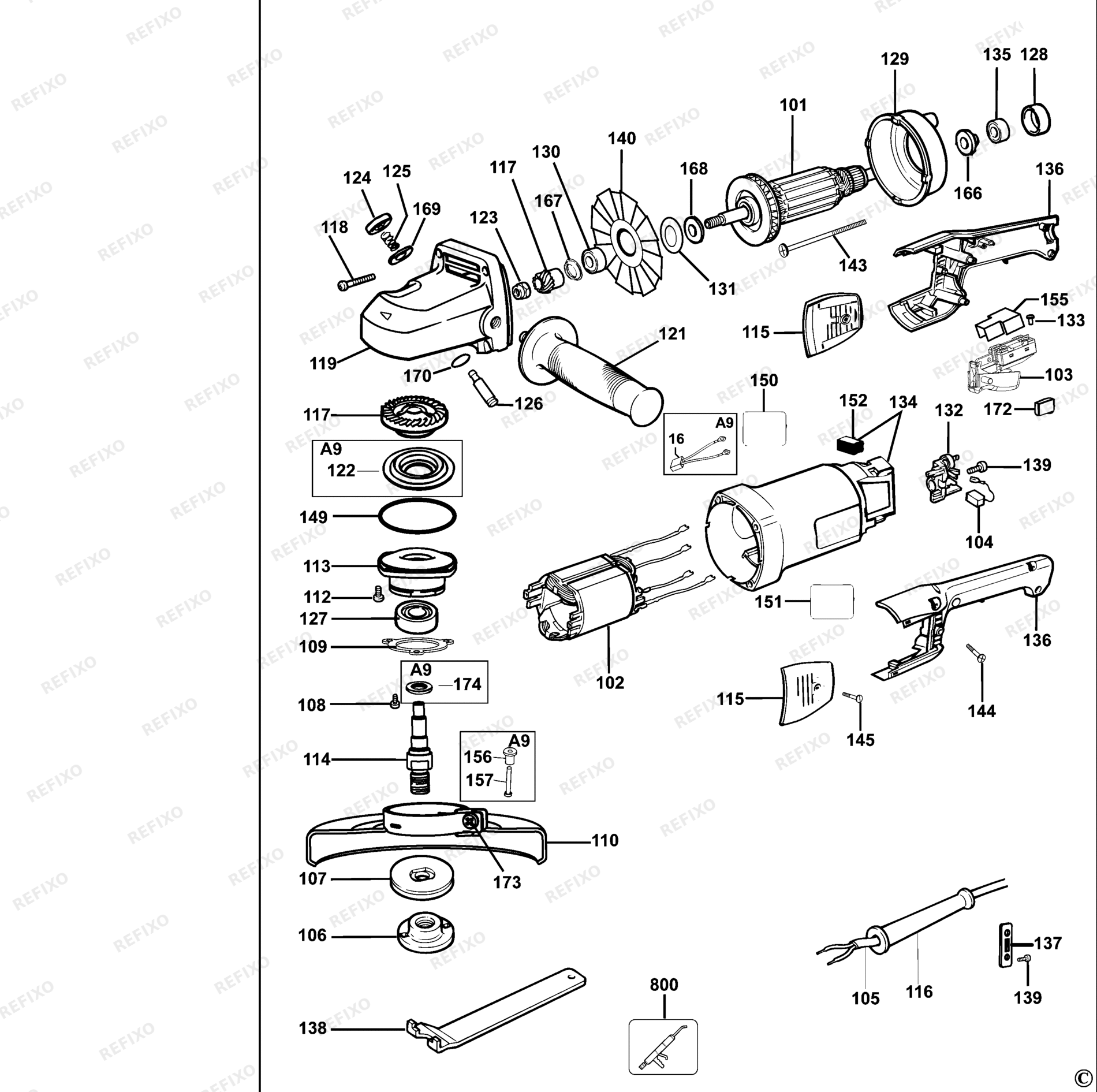 Деталировка DeWalt DW830-XJ TYPE 4 угловая шлифмашина DW830-XJ DW830 — схема запчастей в разборе