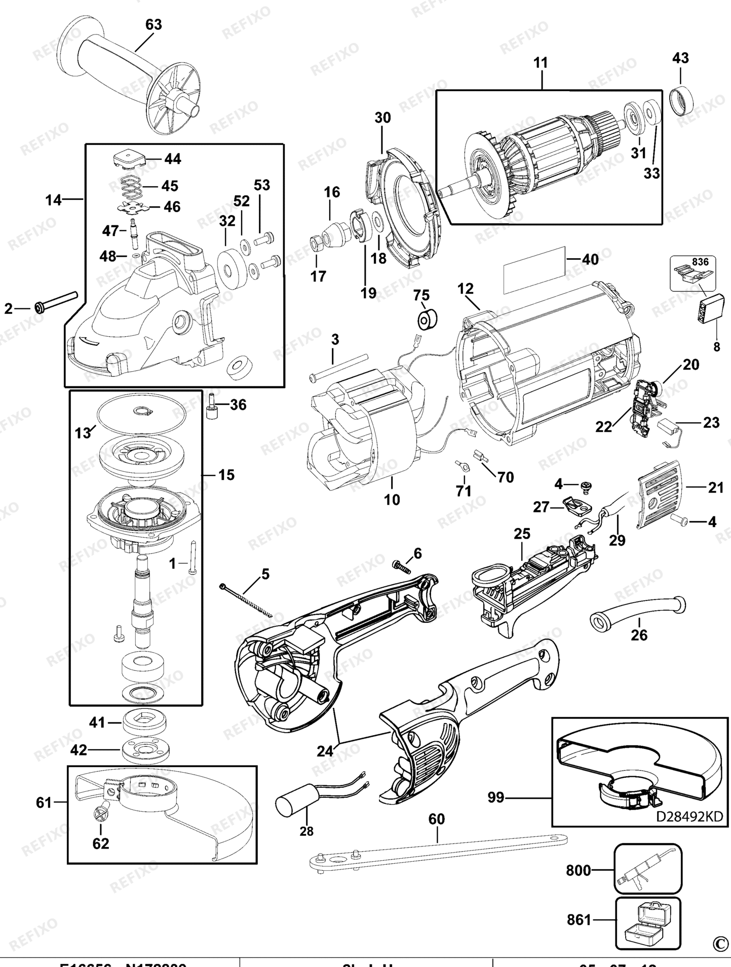 Деталировка DeWalt D28492S-QS TYPE 3 угловая шлифмашина D28492S-QS D28492S — схема запчастей в разборе