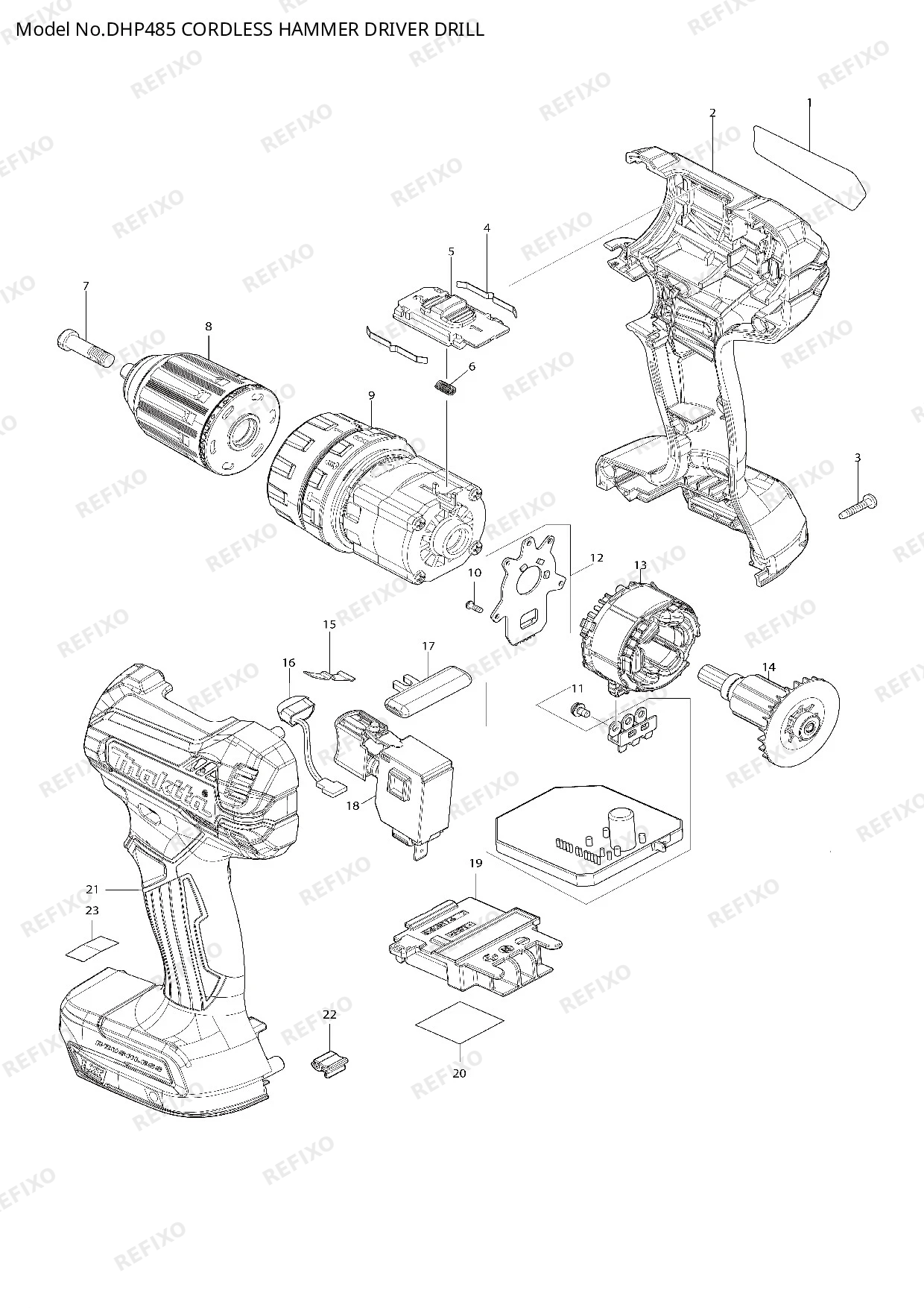 Деталировка MAKITA DHP485 — схема запчастей в разборе