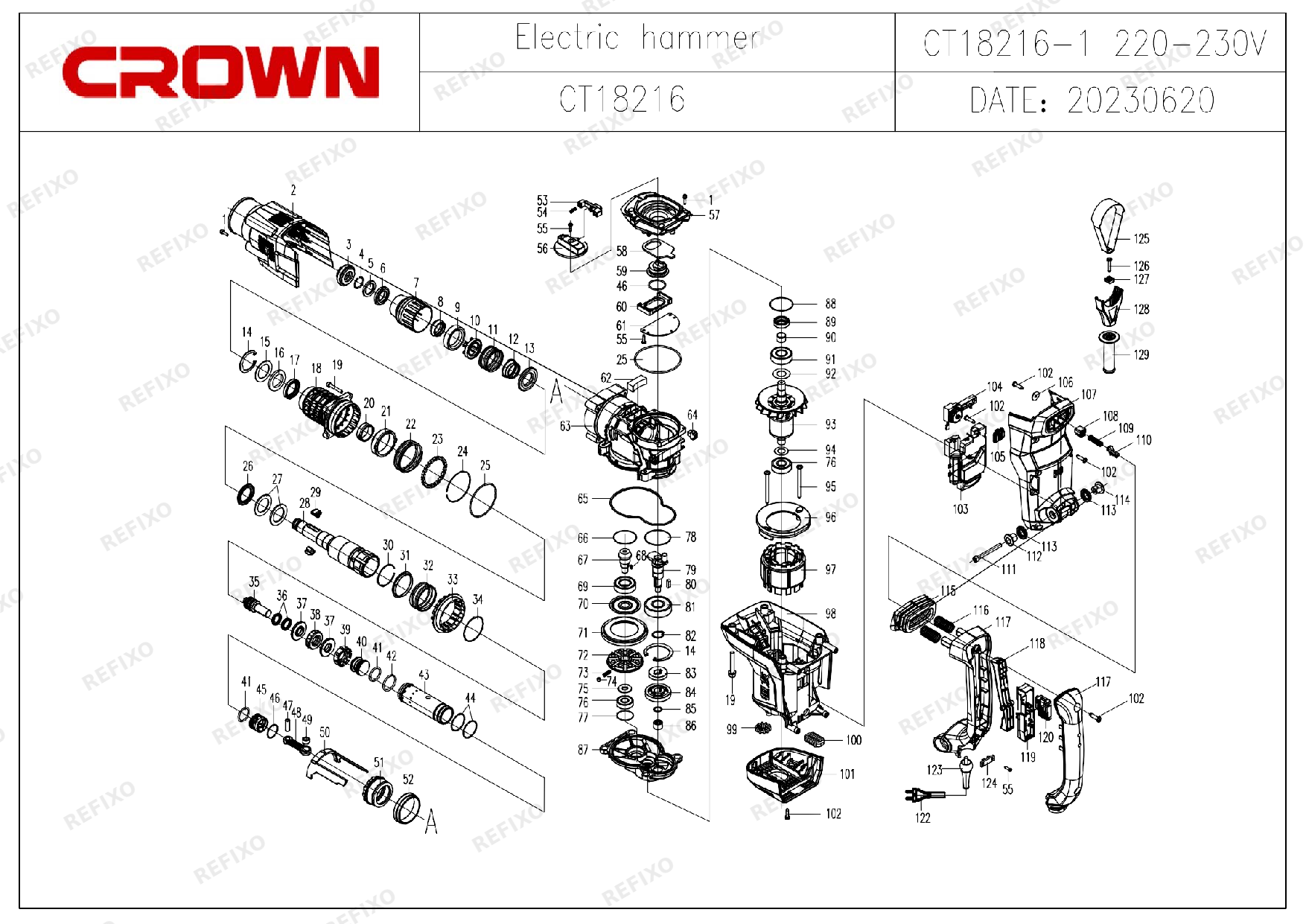Деталировка CROWN CT18216V — схема запчастей в разборе