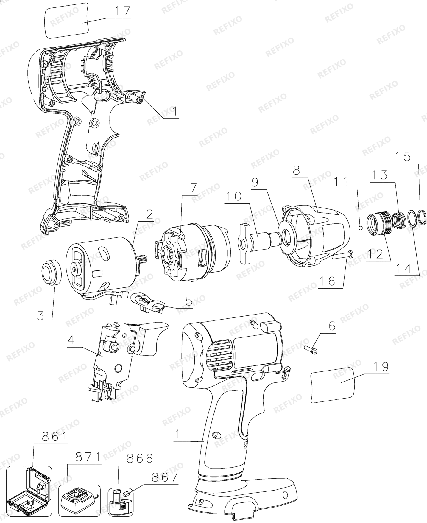Деталировка DeWalt DW056K2H-QW TYPE 1 18V IMPACT DRIVER DW056K2H-QW DW056K2H — схема запчастей в разборе