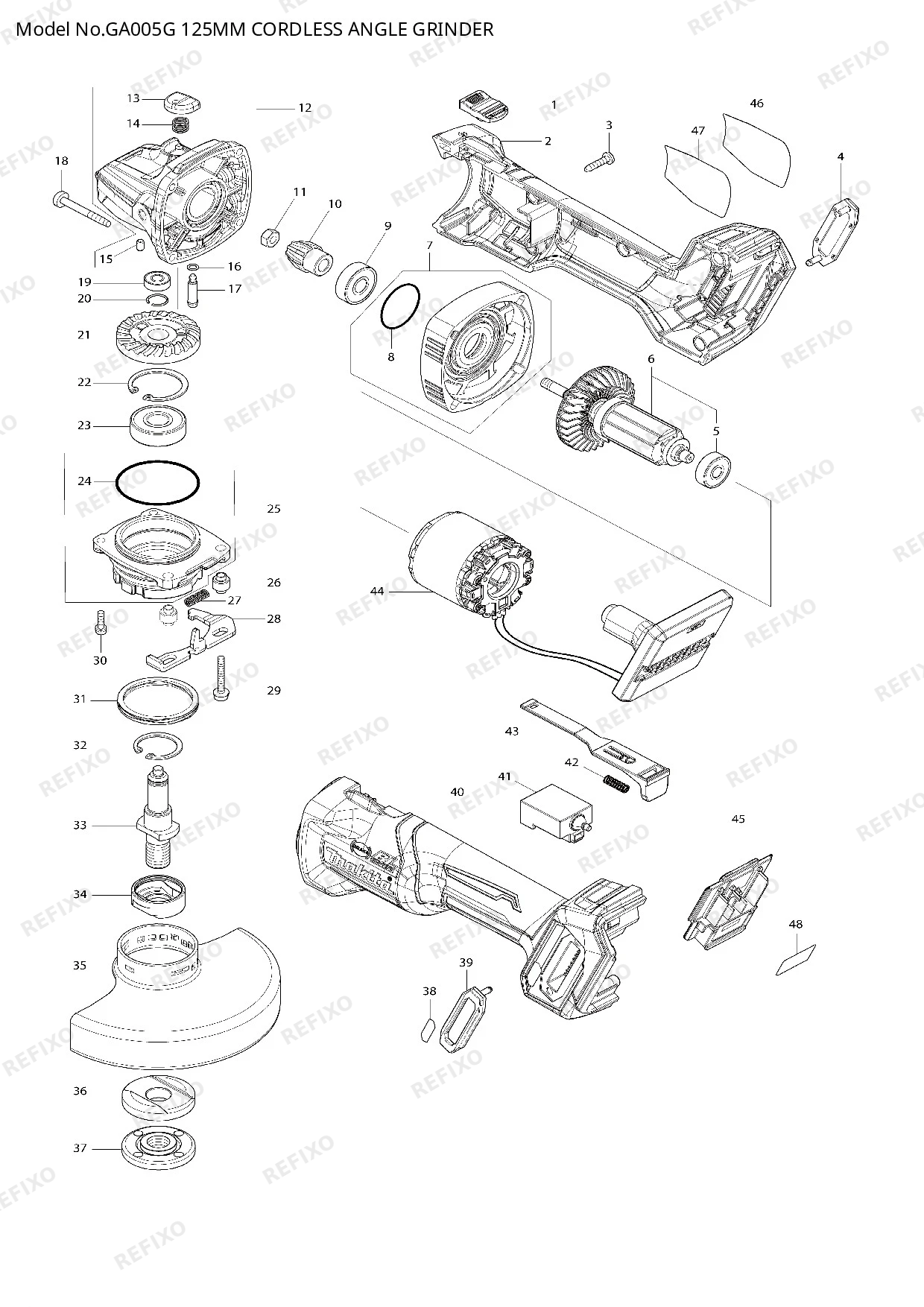 Деталировка MAKITA GA005G — схема запчастей в разборе