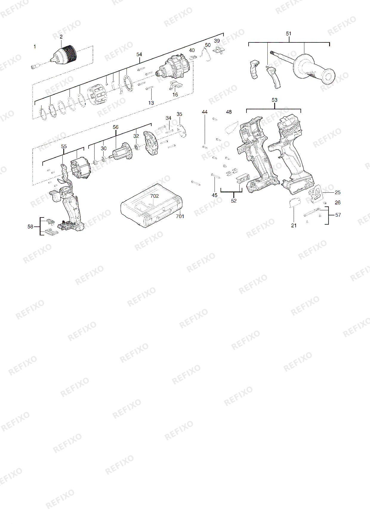 Деталировка MILWAUKEE M18ONEDD2 0X 4933464524 4000469196 — схема запчастей в разборе
