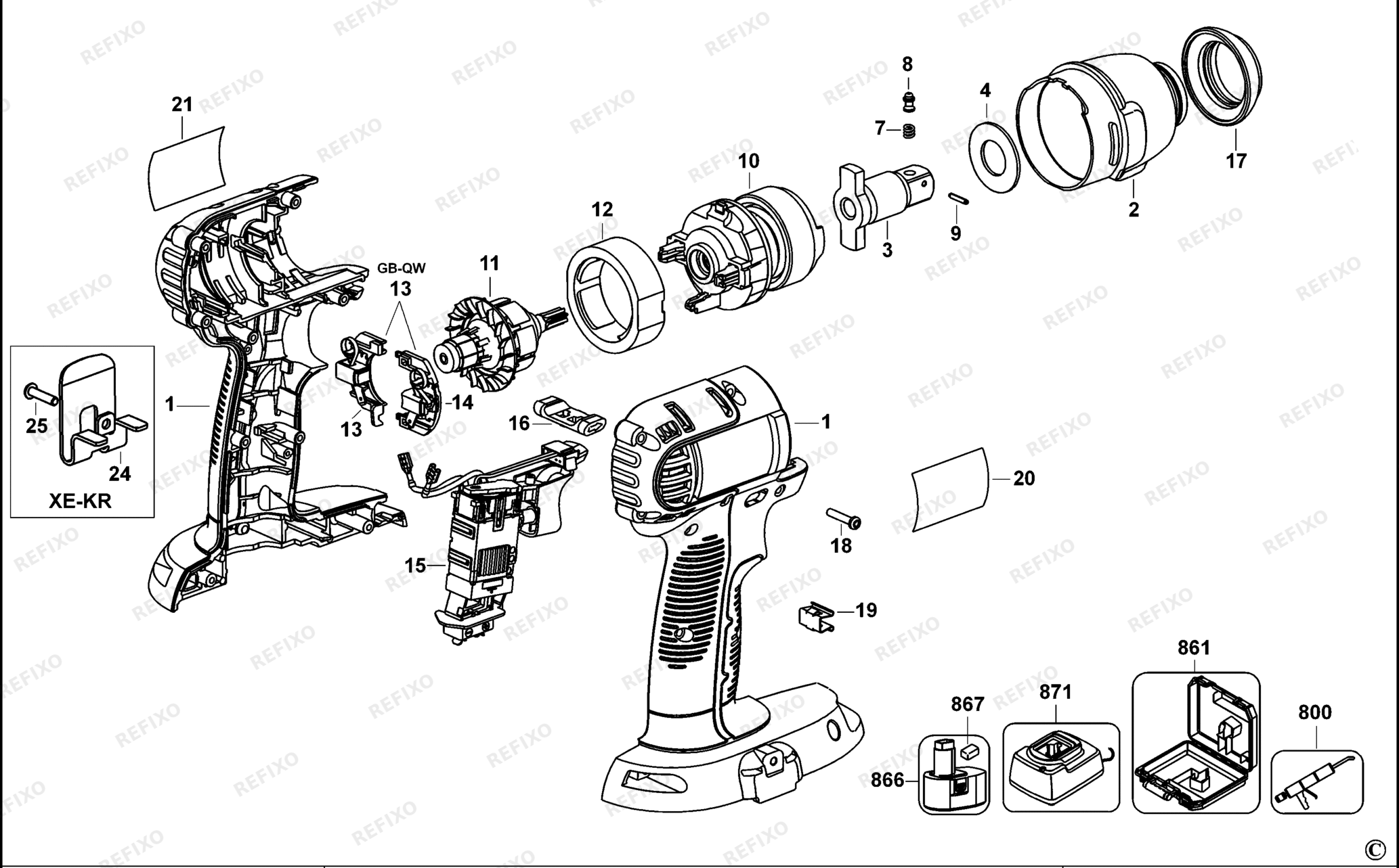 Деталировка DeWalt DC840-QW TYPE 1 SCHLAGSCHRAUBENSCHL. DC840-QW DC840 — схема запчастей в разборе