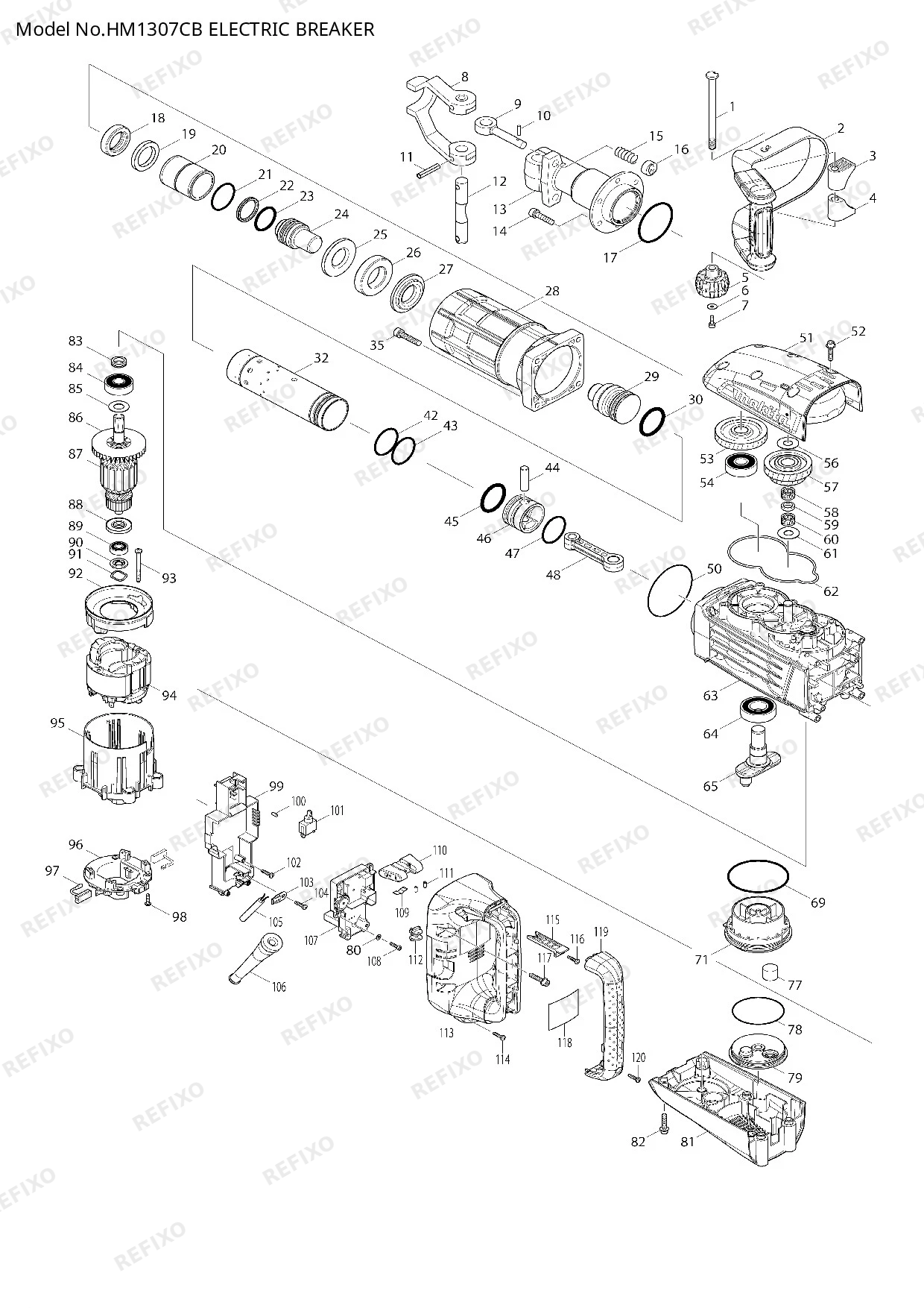 Деталировка MAKITA HM1307CB — схема запчастей в разборе