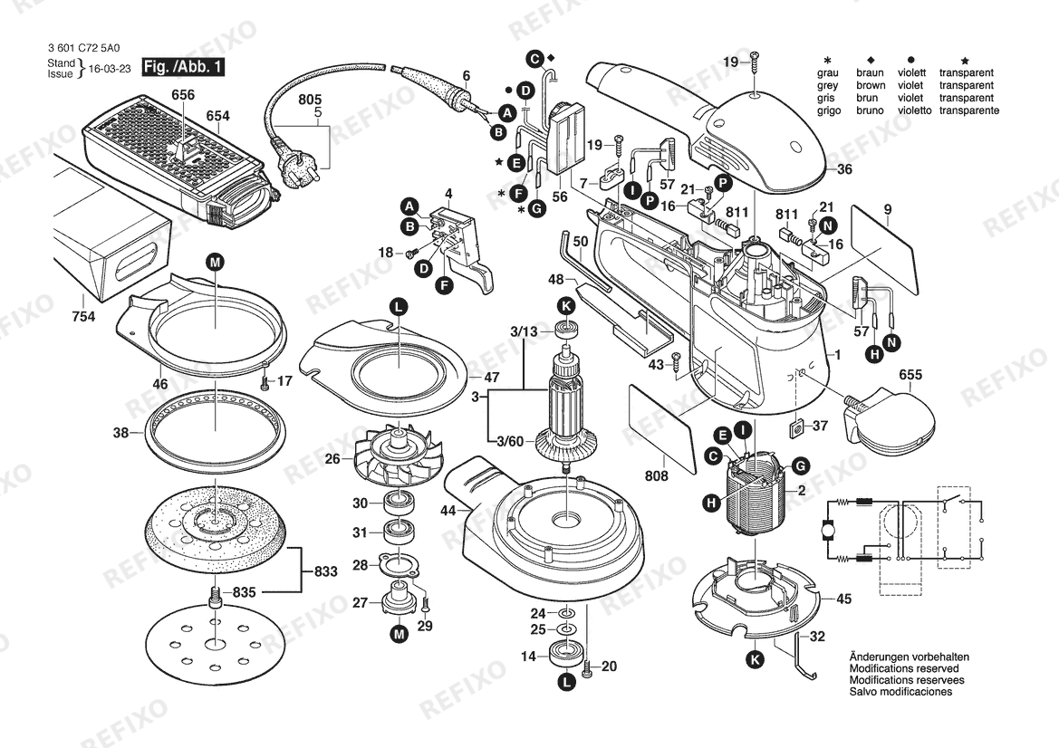 Деталировка Bosch Эксцентриковая шлифмашина GEX 125 AC | 230 V | 004 - CH (3 601 C72 5A1) — схема запчастей в разборе