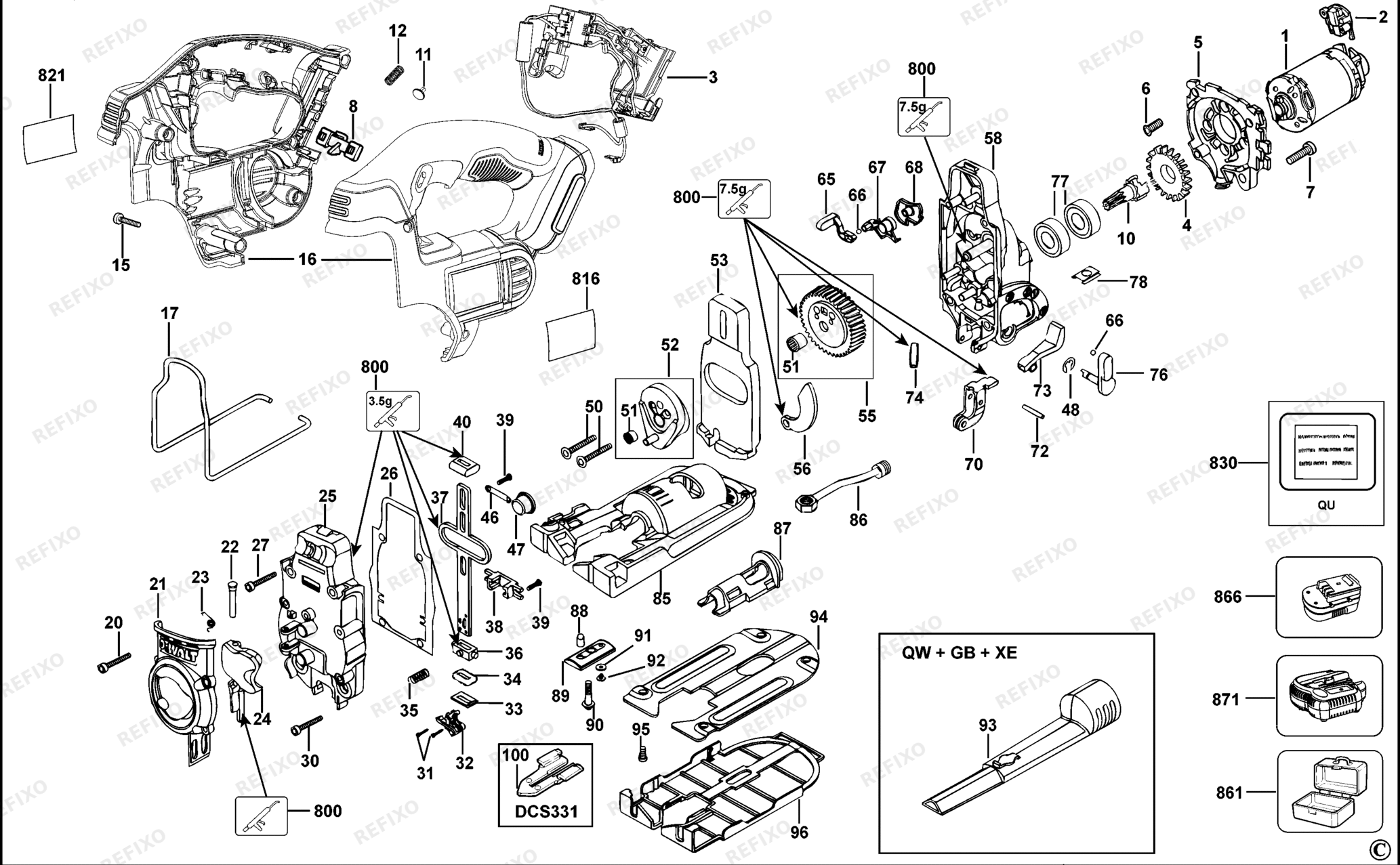 Деталировка DeWalt DCS332-QW TYPE 1 аккумуляторный - лобзик DCS332-QW DCS332 — схема запчастей в разборе