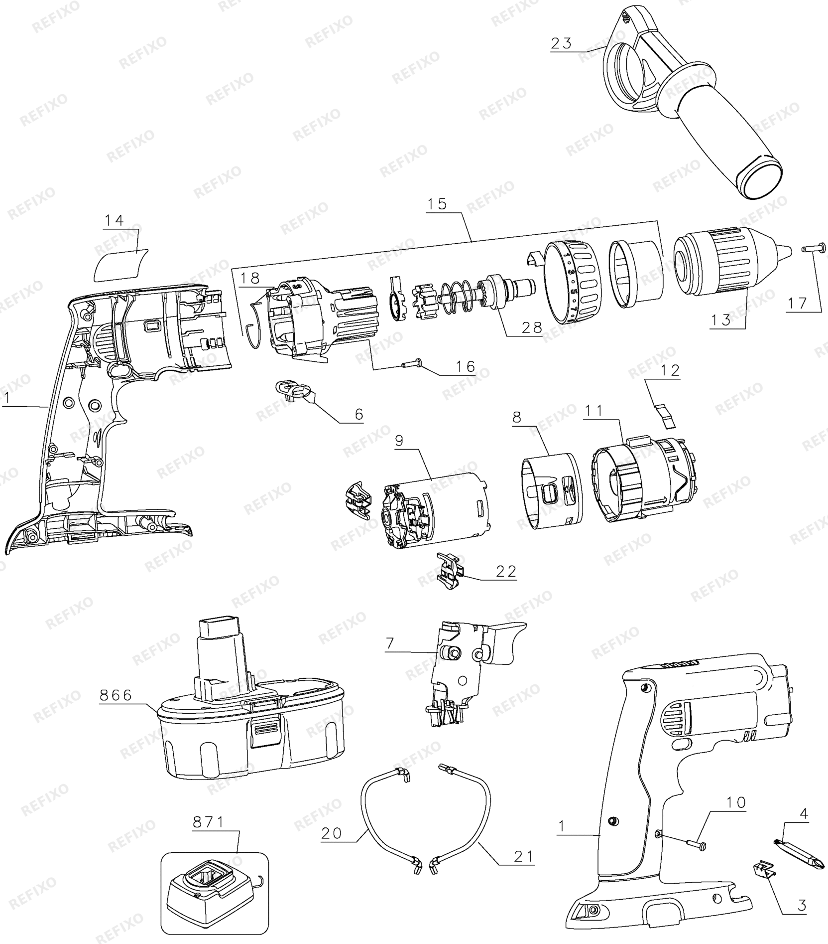 Деталировка DeWalt DW989K2-QW TYPE 1 18V HMRDRDRILLDRIVER DW989K2-QW DW989K2 — схема запчастей в разборе