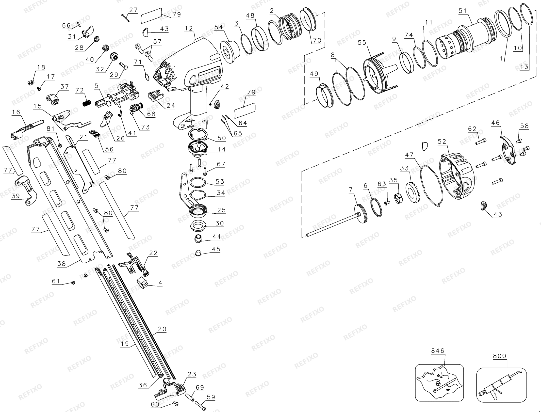 Деталировка DeWalt D51845-XJ TYPE 1 FULL ROUND HEAD FRAMING NAILER D51845-XJ D51845 — схема запчастей в разборе