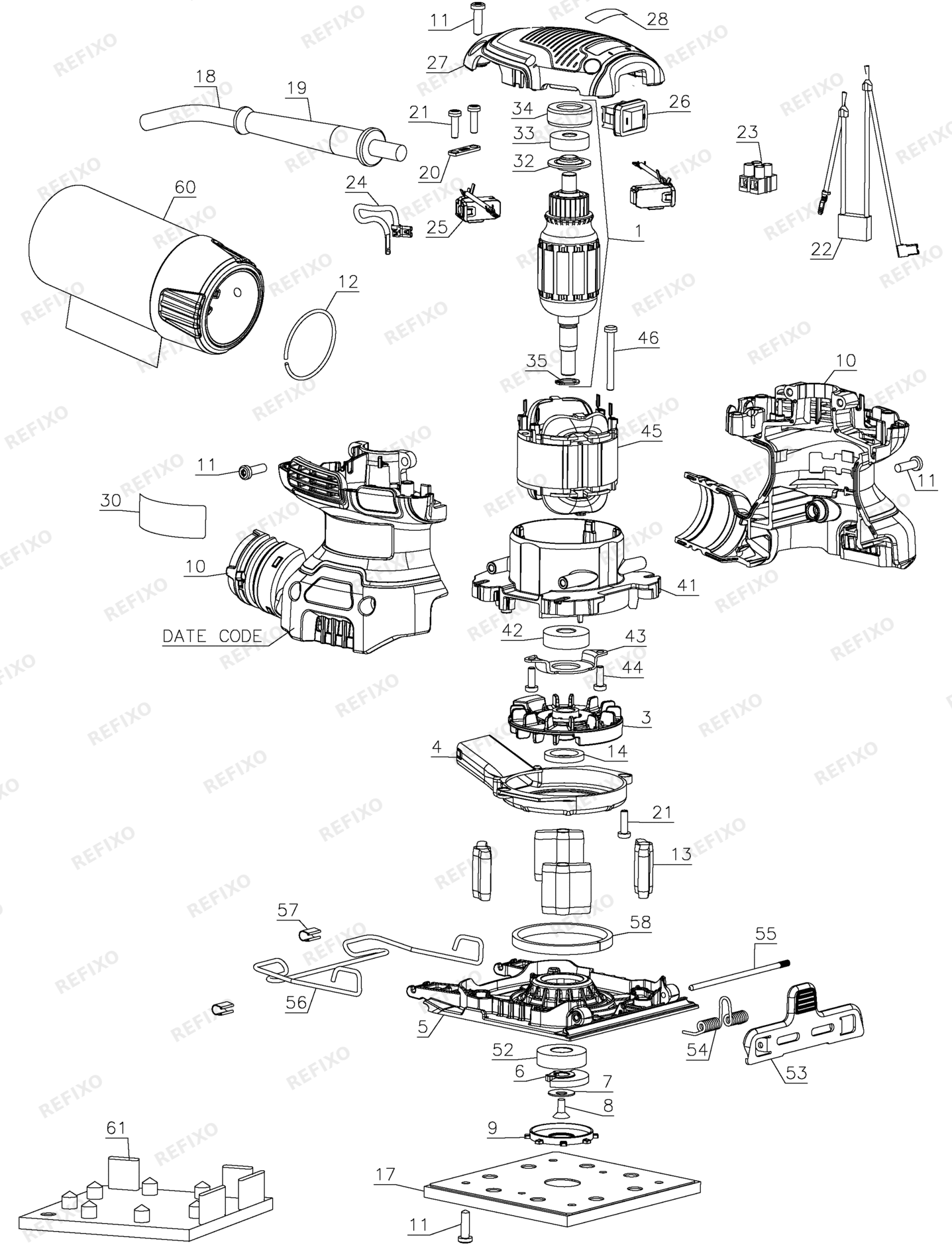 Деталировка DeWalt DWE6411-QS TYPE 1 эксцентриковая шлифмашина DWE6411-QS DWE6411 — схема запчастей в разборе