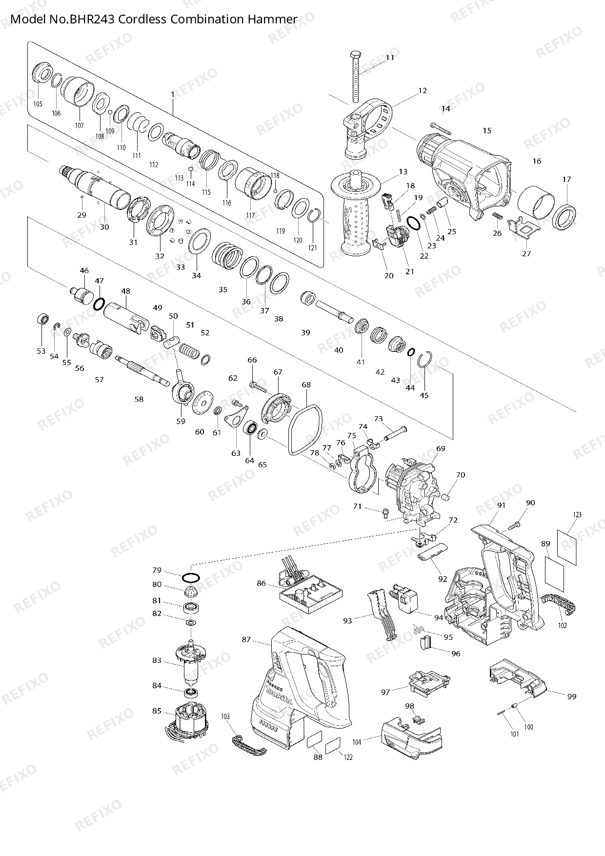Деталировка MAKITA BHR243 — схема запчастей в разборе