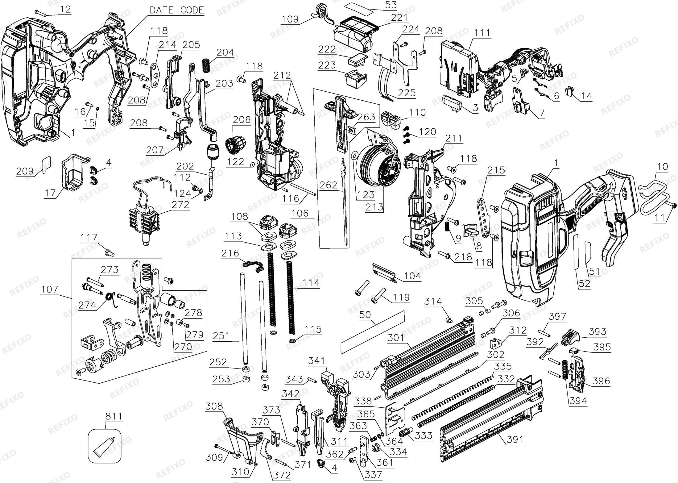 Деталировка DeWalt DCN680N-XJ TYPE 1 18V 18GA BRAD NAILER DCN680N-XJ DCN680N — схема запчастей в разборе